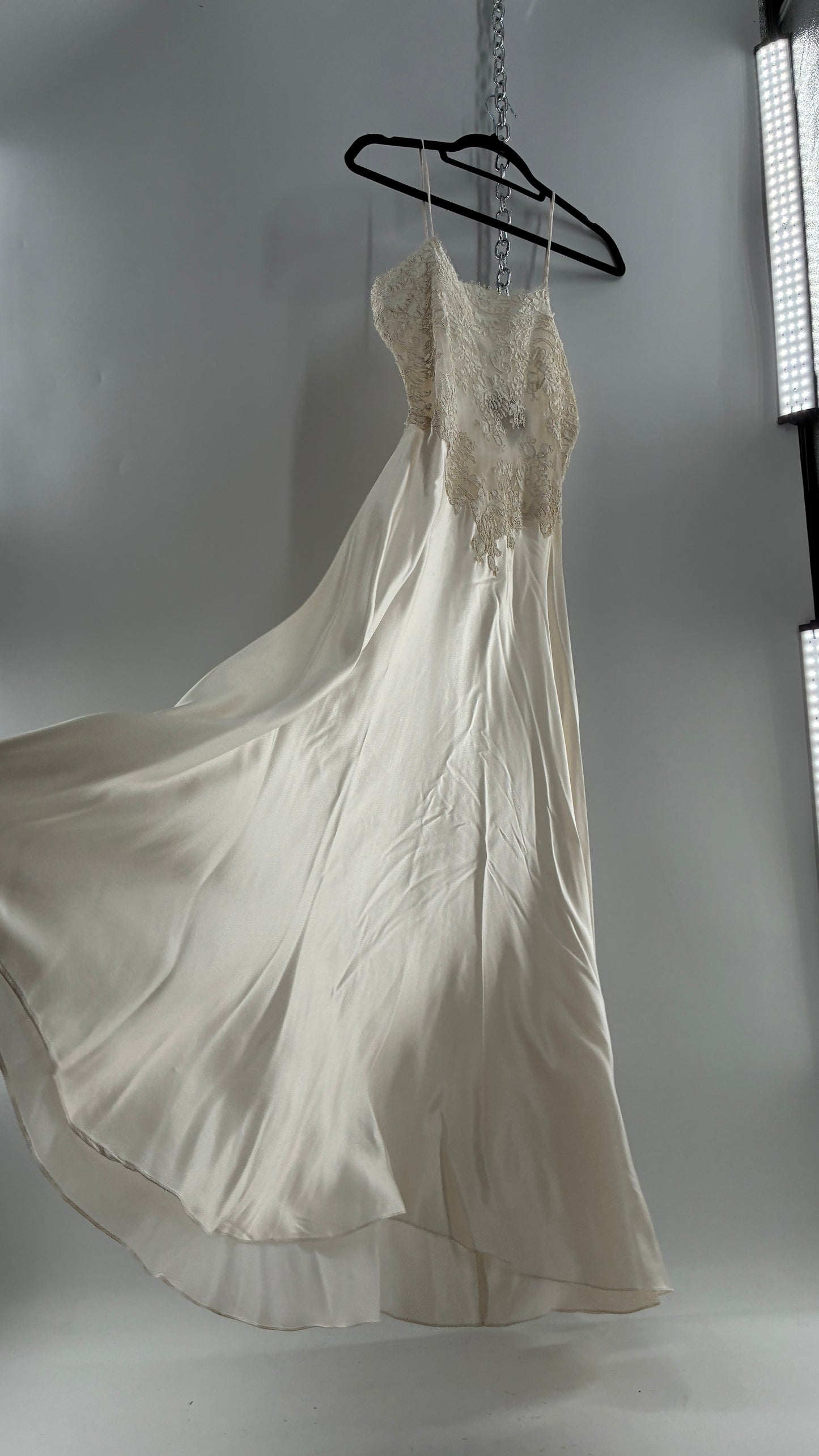 Vintage JONQUIL 100% Silk Gown with Heavy Lace Appliqués and Low Cut Sheer Back (Medium)