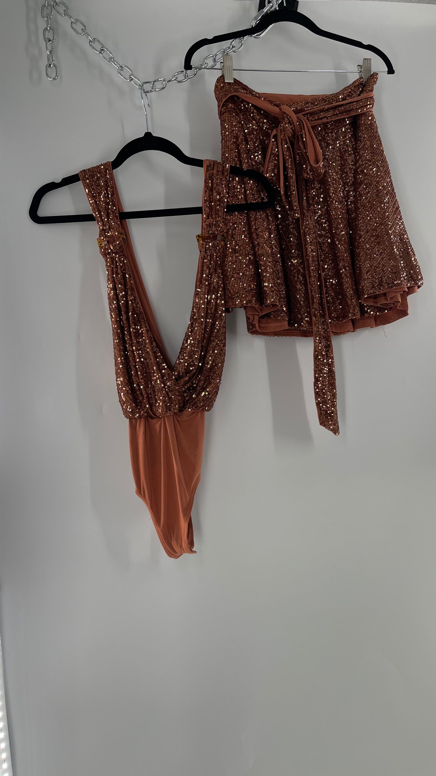 Free People Bronze Sequin 2Piece Set with Wrap Around Skirt and Bodysuit (XS body, S Skirt)