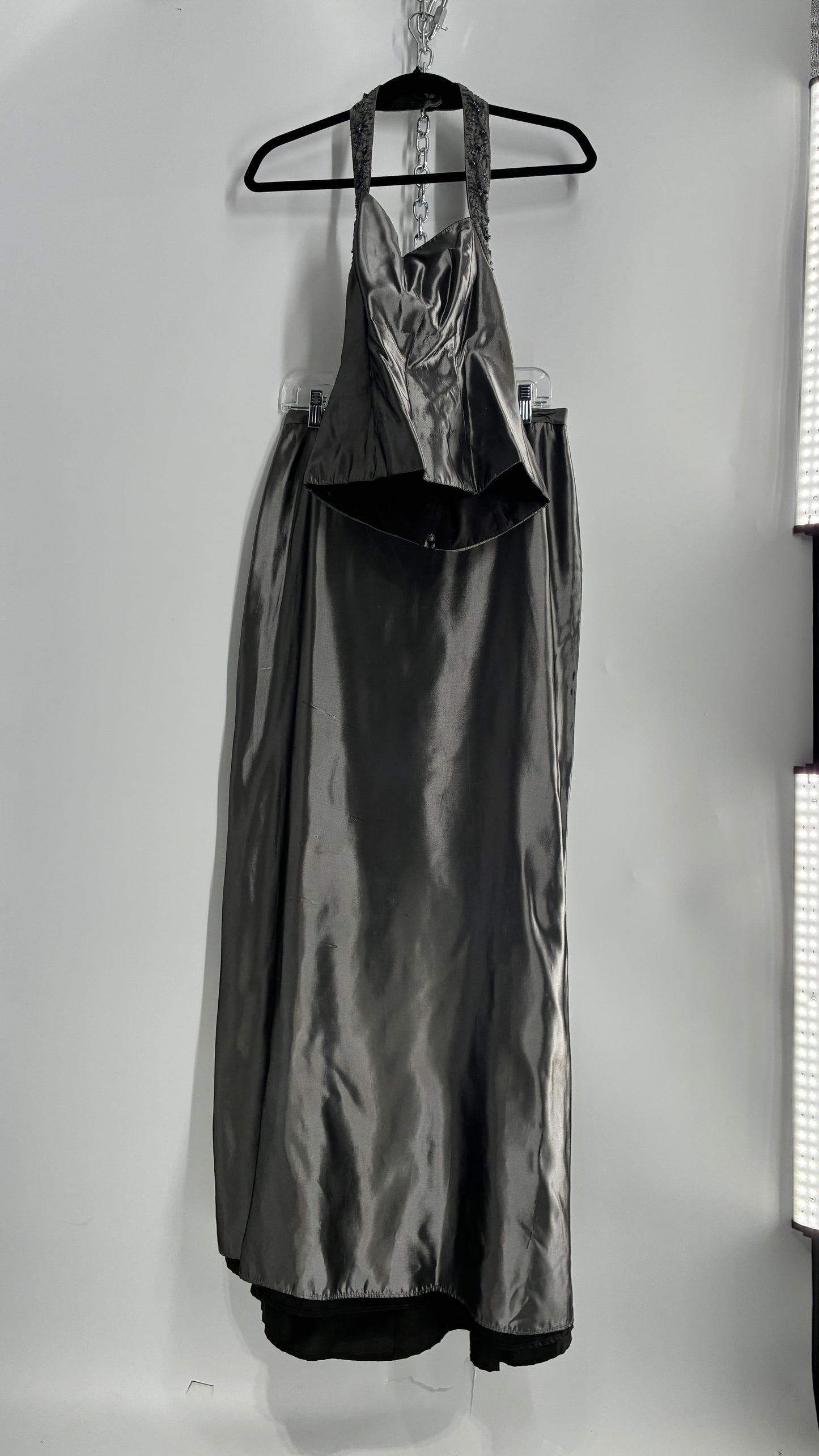 Vintage 1990s Davids Bridal SET Metallic Silver Corseted + Beaded Halter and Full Length Skirt (6Top, 8Skirt)