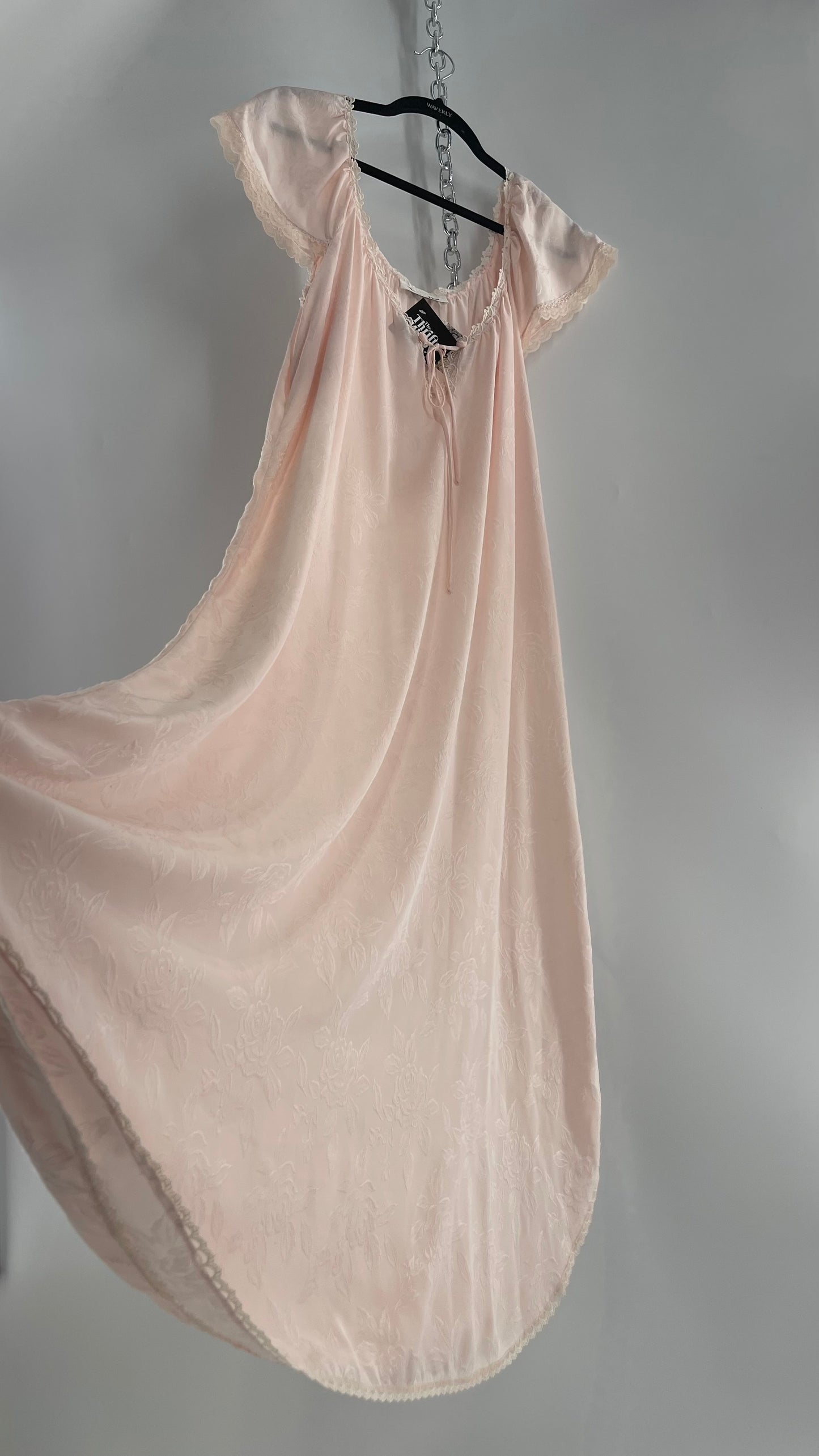 Vintage Christian Dior Pink Night Gown/ Maxi Dress with Floral Embossed Design, Lace Trim and Rosettes (Large)