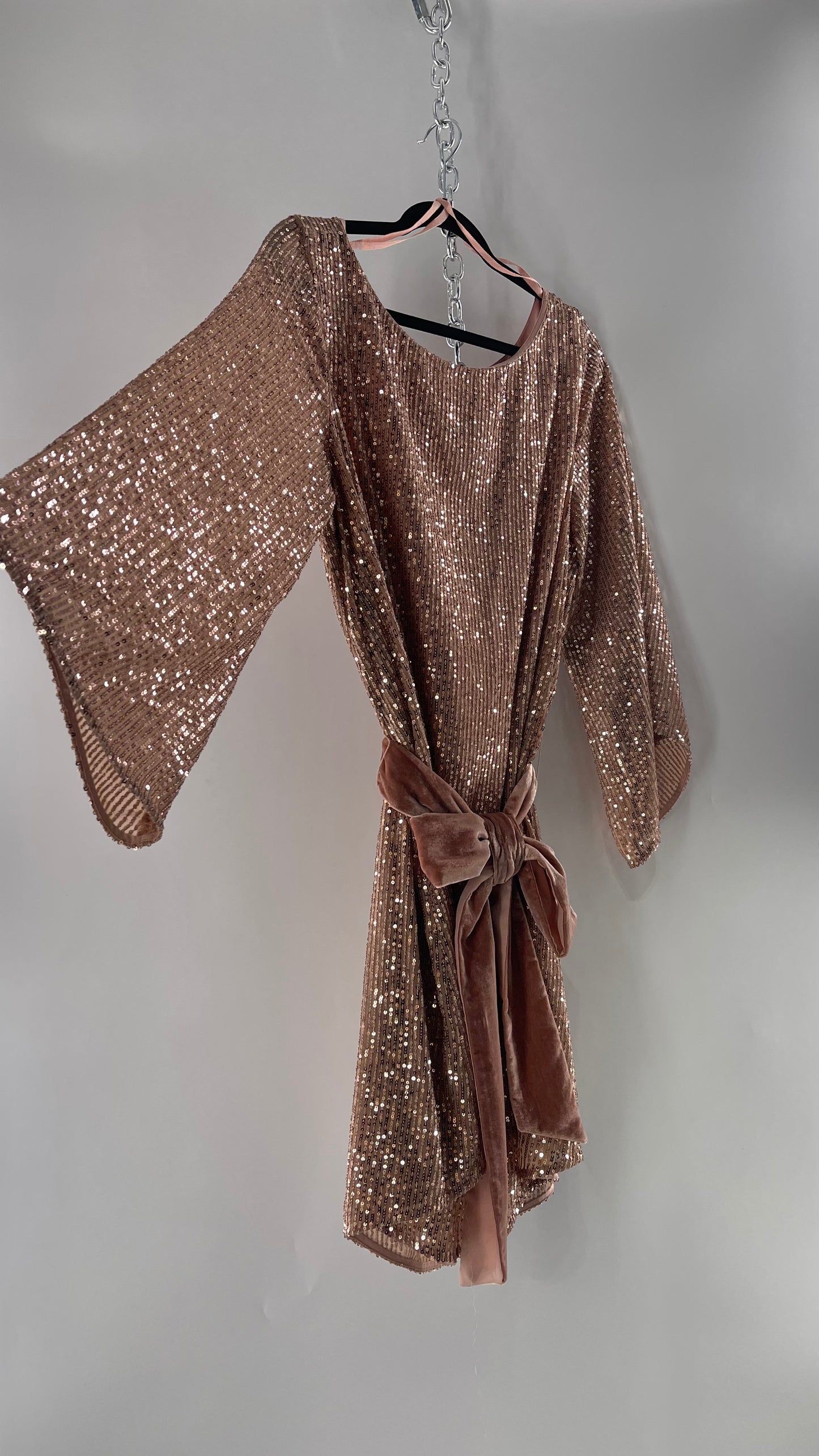 Anthropologie Rose Gold Sequin Dress with Velvet Waist Belt and Tags Attached (XL)