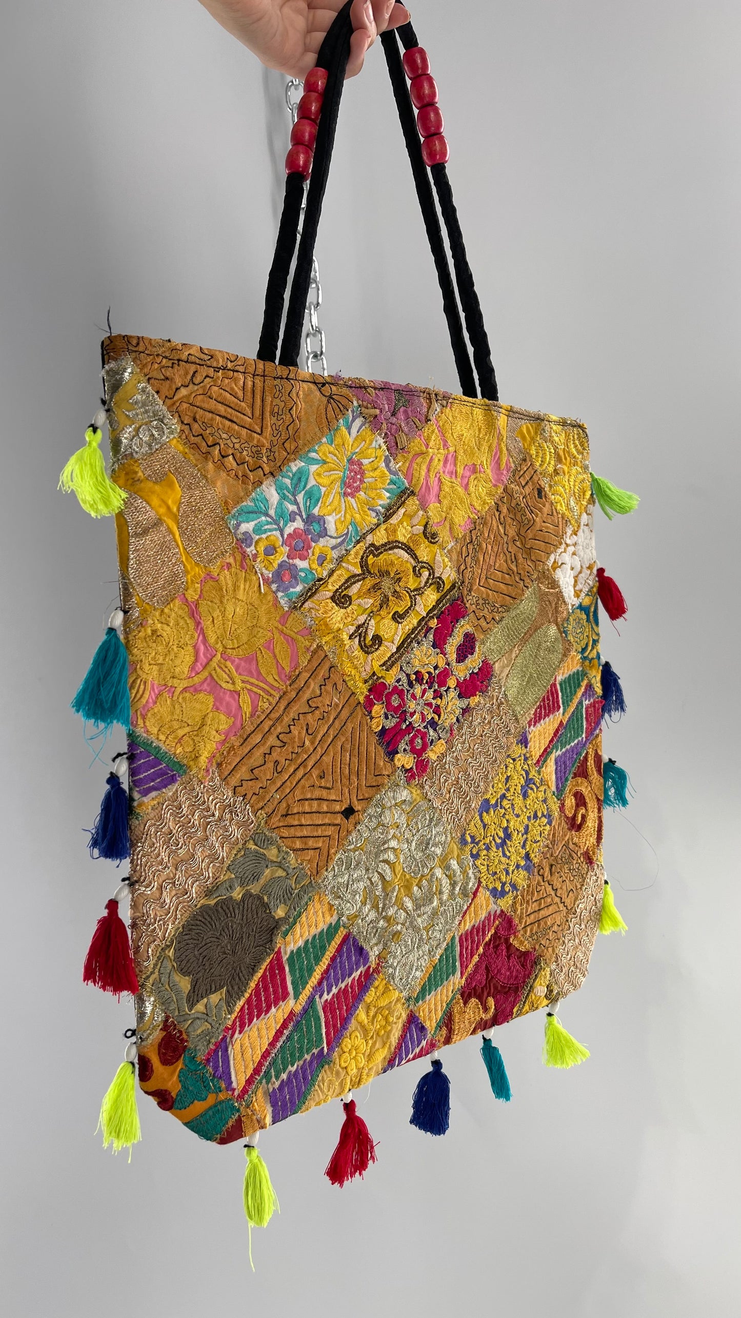 Imported Golden Yellow Patchwork Tote from Brazil with Tassel Detailing
