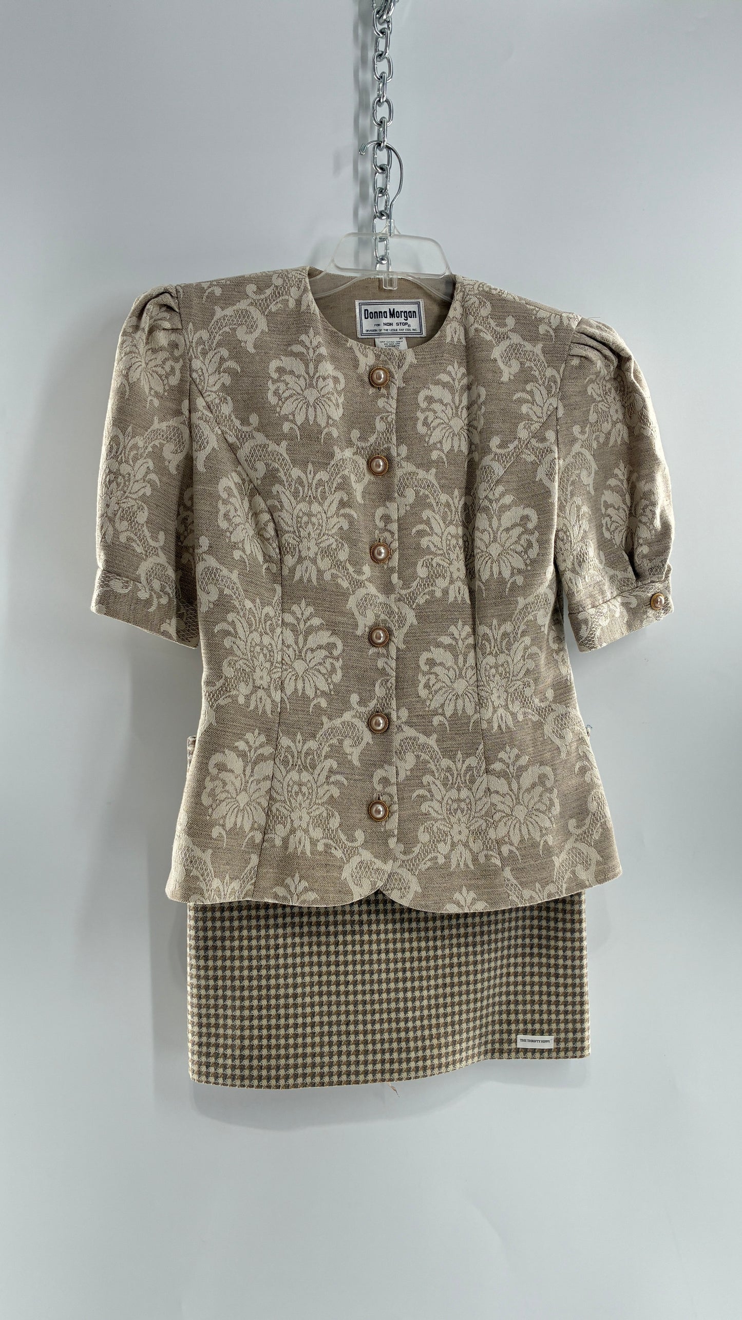 Vintage Suit Set with DONNA MORGAN Jacquard Puff Sleeves Tailored Slim Waist Suit Jacket with Upcycled Woven Mini Skirt (6)