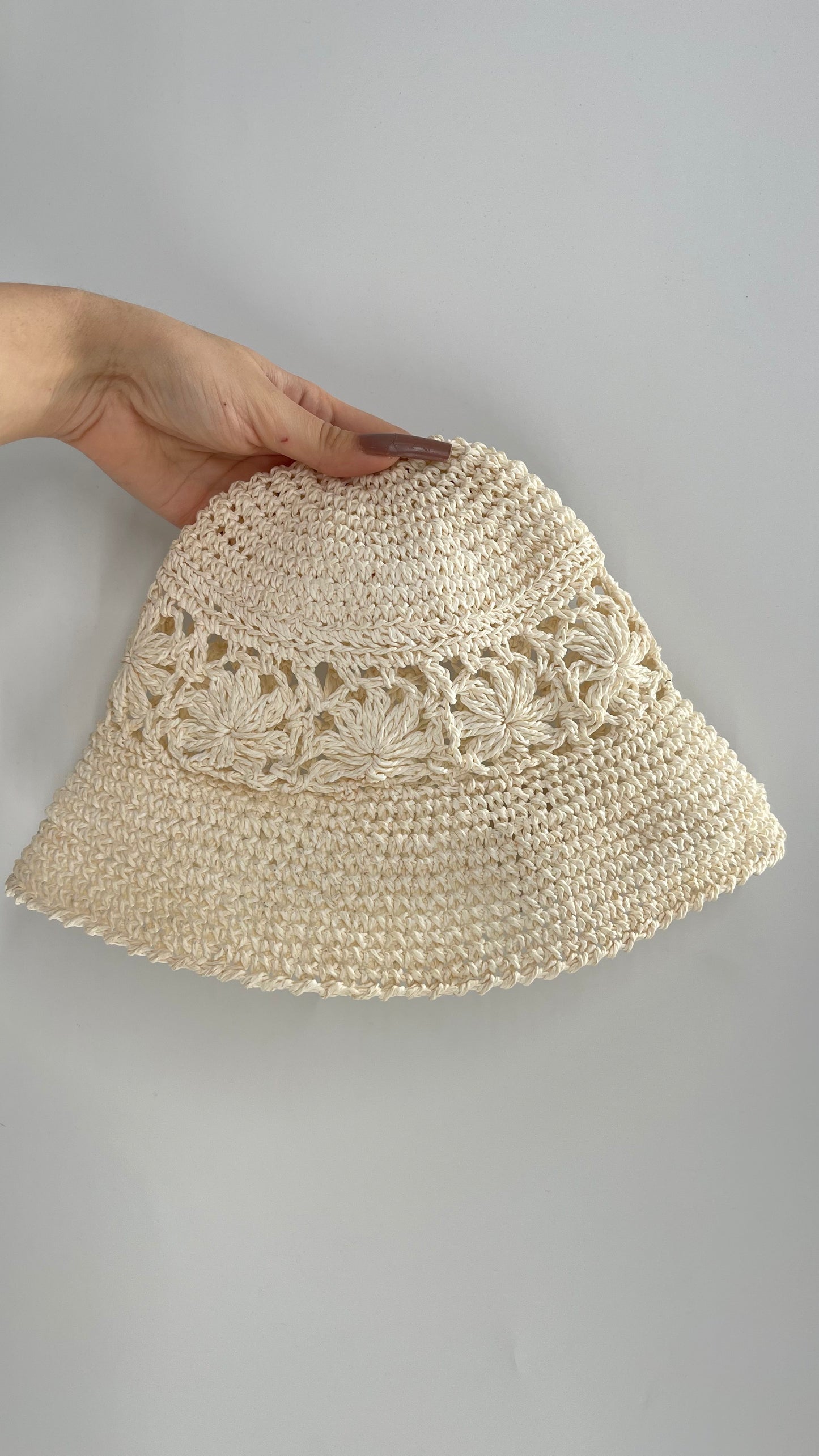Vintage Off White Crochet Straw Bucket Hat