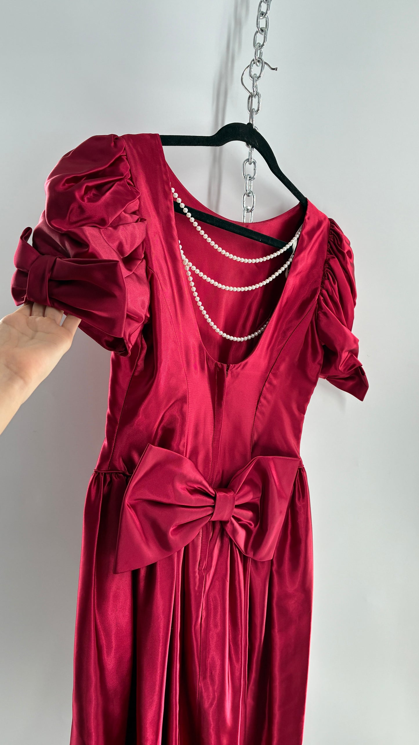 Vintage Red Silky Satin Corset Style Dress with Sweetheart Neckline, Puff Sleeves, Oversized Bow Bum, Open Back and Draping Pearls (10P)