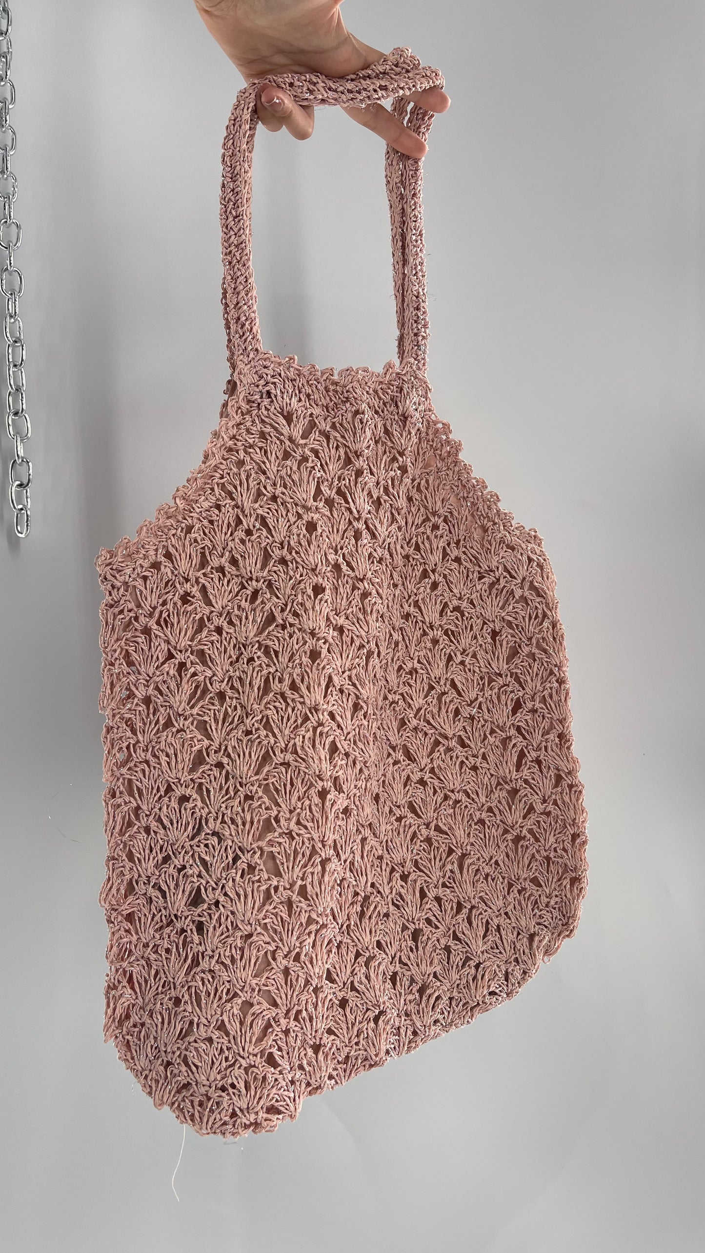 Urban Outfitters Baby Pink Straw Tote Bag with Silver Tinsel