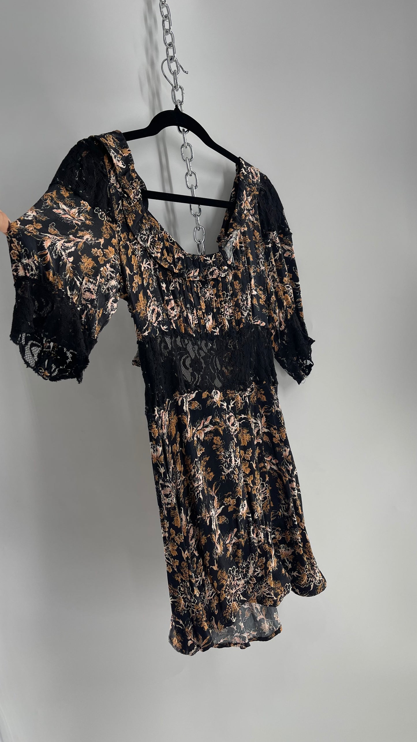 Free People Black Floral Mini Dress with Open Back and Lace Details (4)