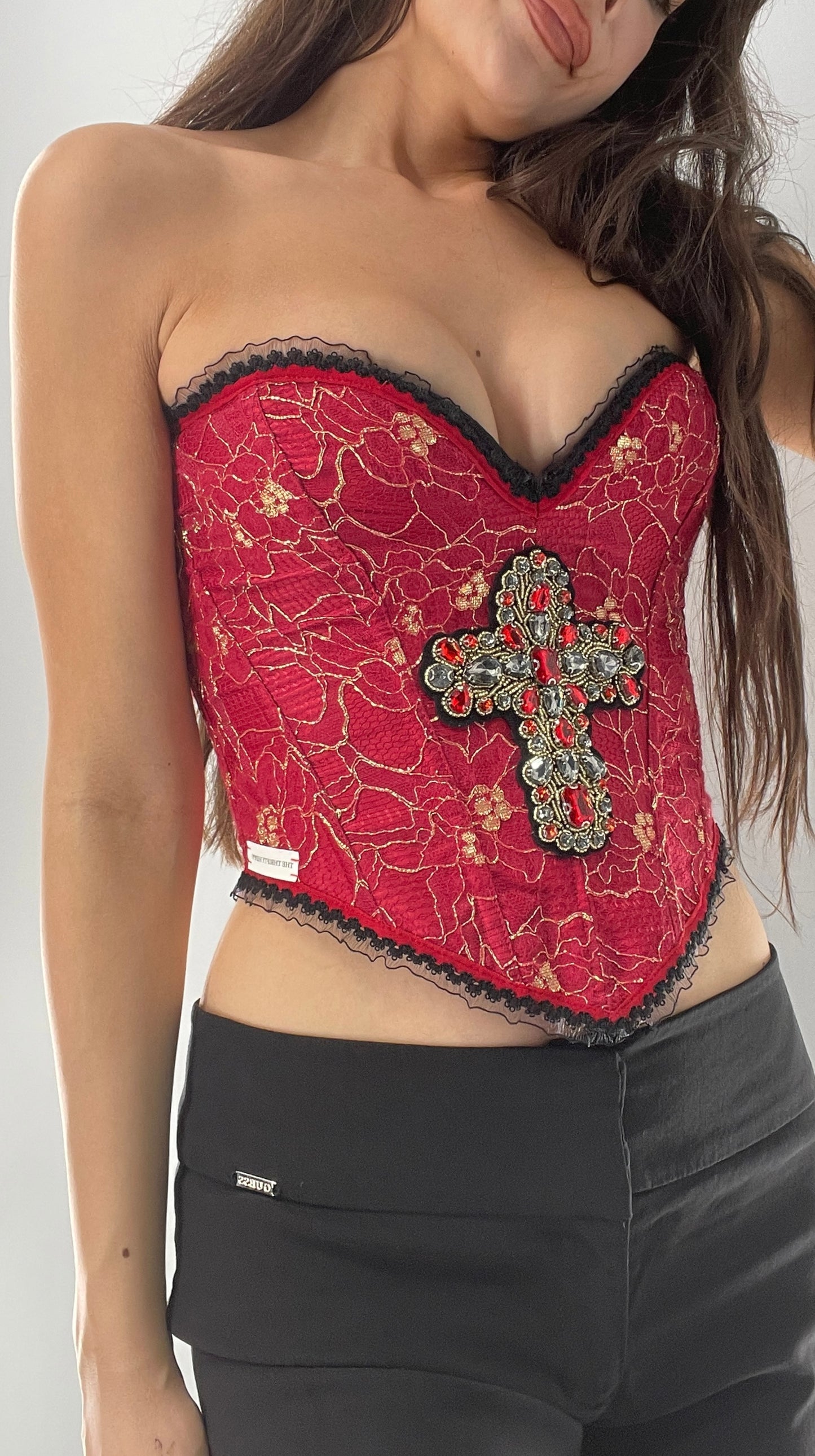 Custom Red Lace Corset with Beaded Cross Appliqué and Lace Trim (XS/S)