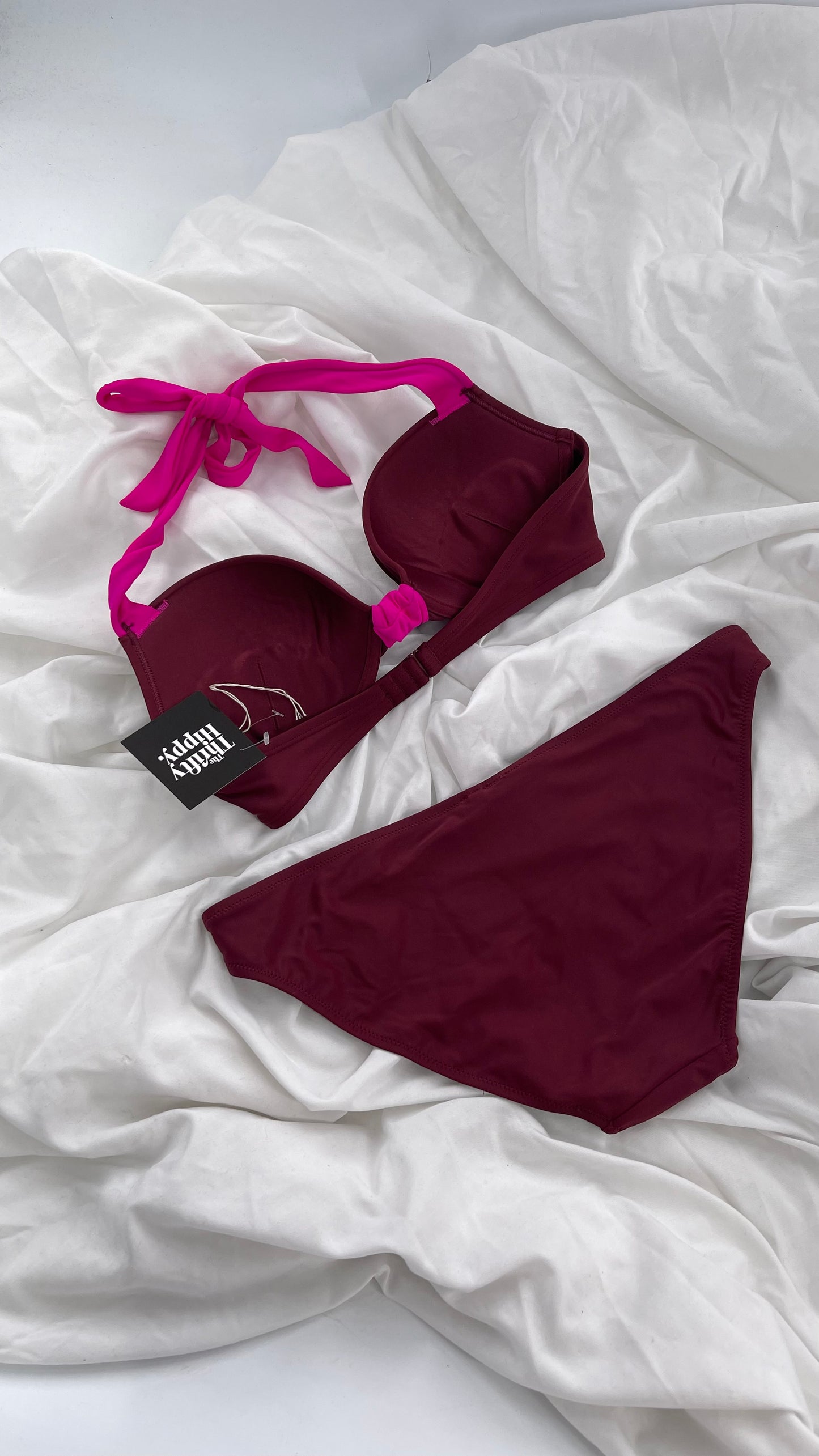 AERIE Burgundy Padded Underwire Swim Top Set with Fuchsia Details (36C/L Bottoms)