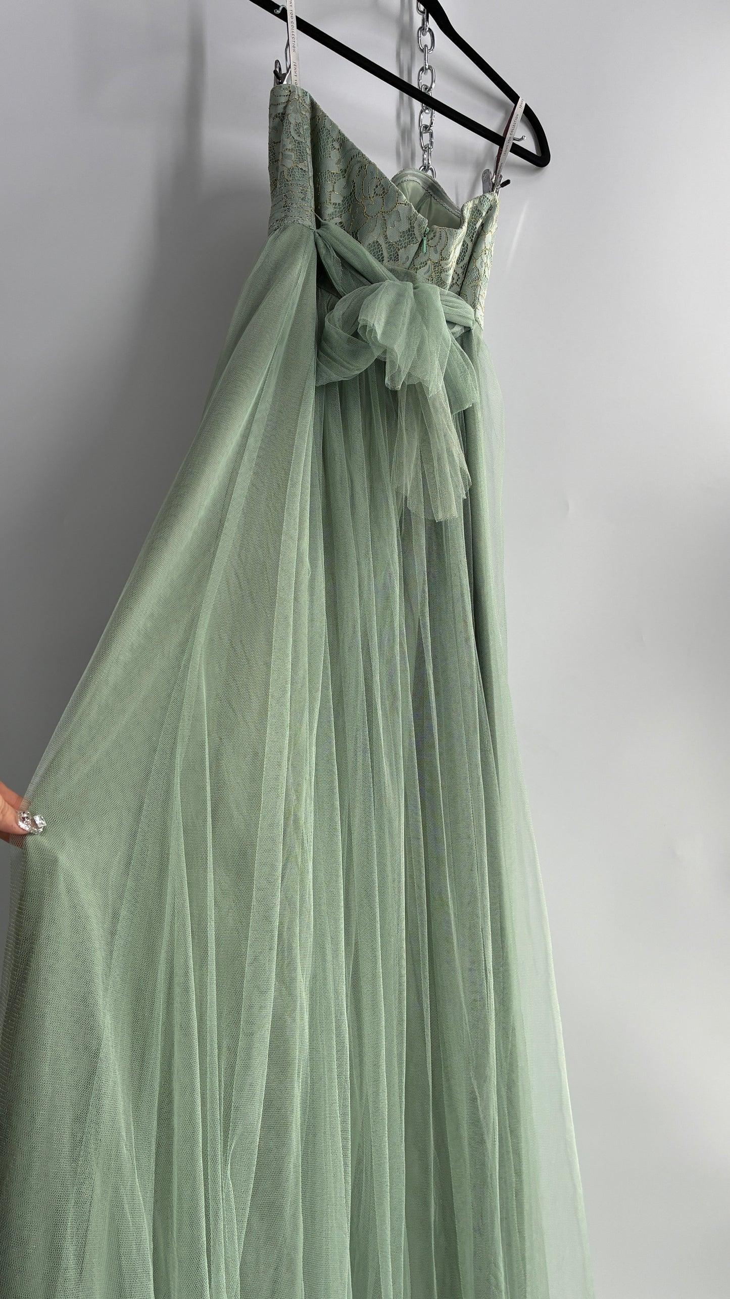 Jenny Yoo Seafoam Green Tulle Full Length Dress with Lace Corset Bodice (8)