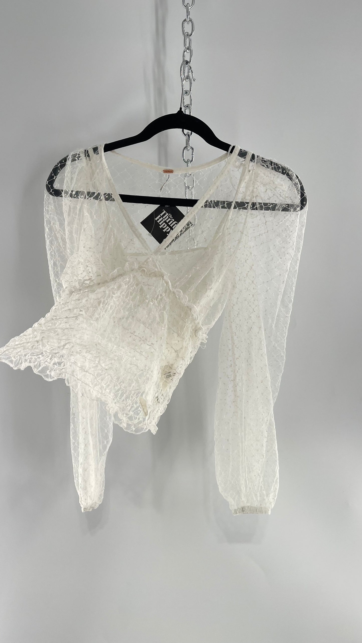 Free People White Embroidered Mesh Blouse with Keyhole Back and Balloon Sleeves (XS)