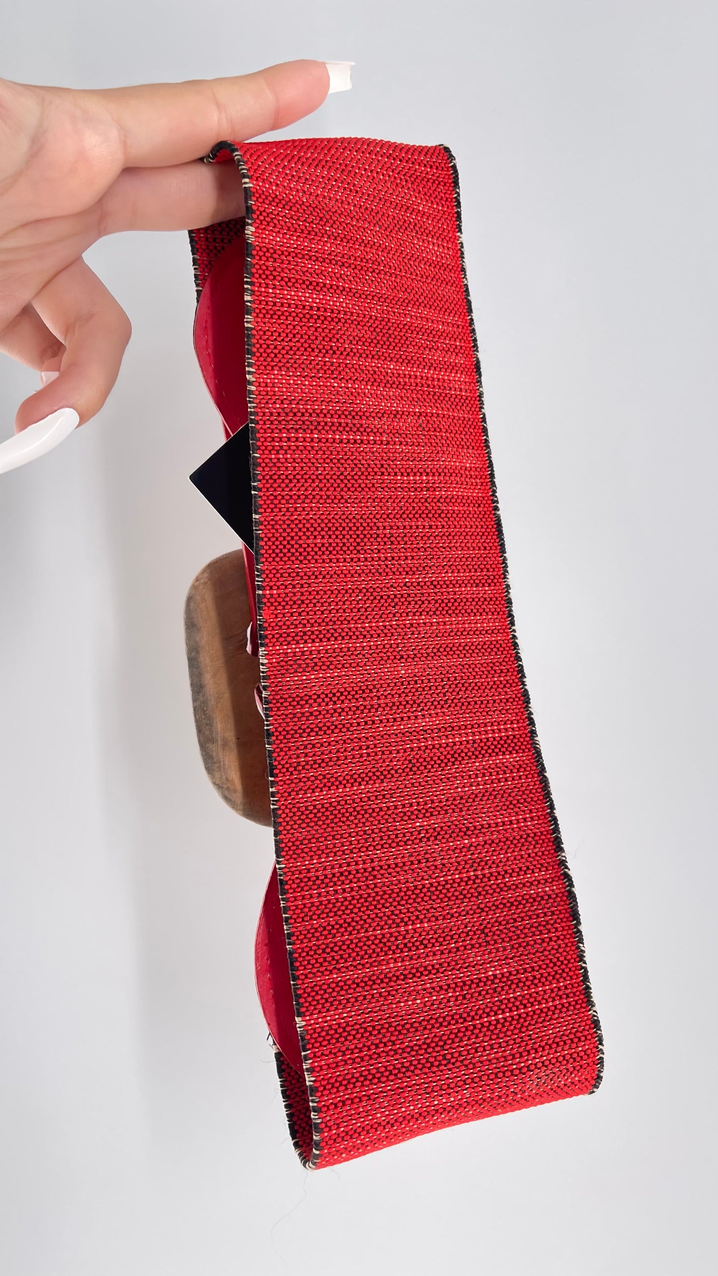 Vintage Red Leather Scrunch/Elastic Wooden Buckle Belt (XS/S)