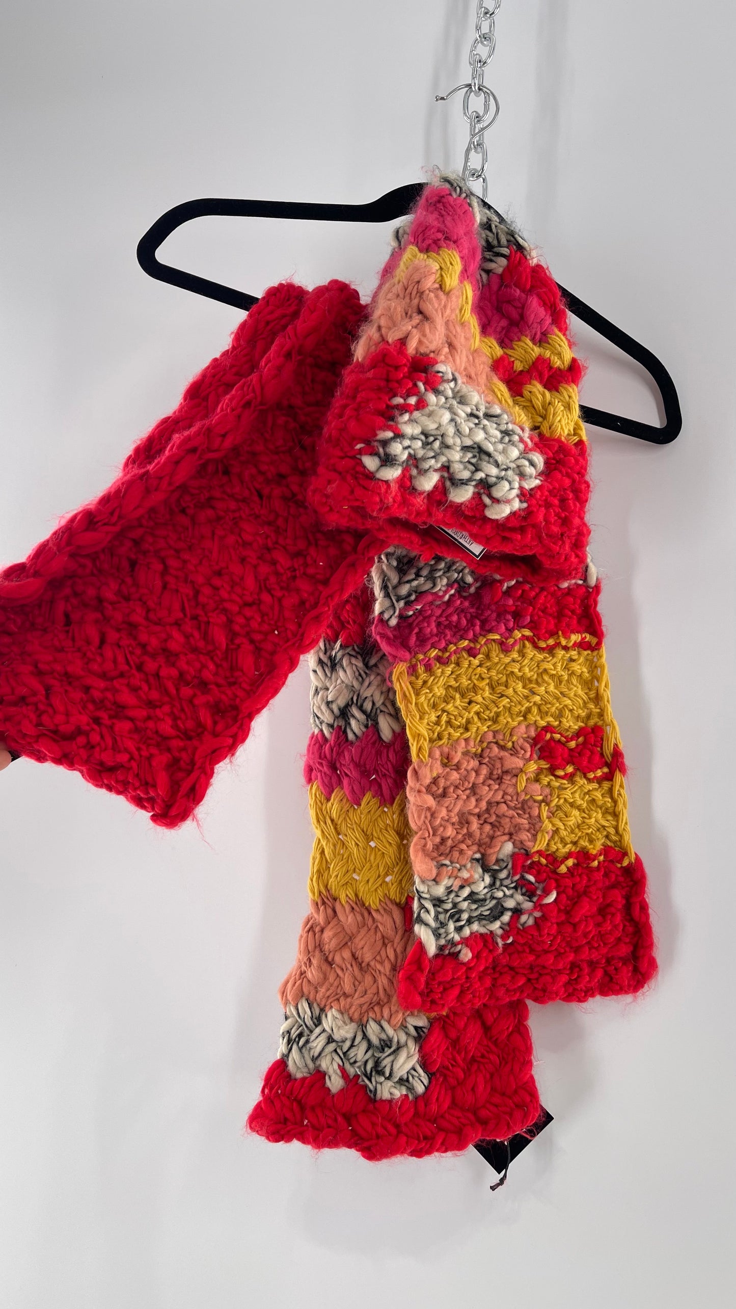 Anthropologie Hand Knit Red/Peach/Yellow Scarf and Beanie Set