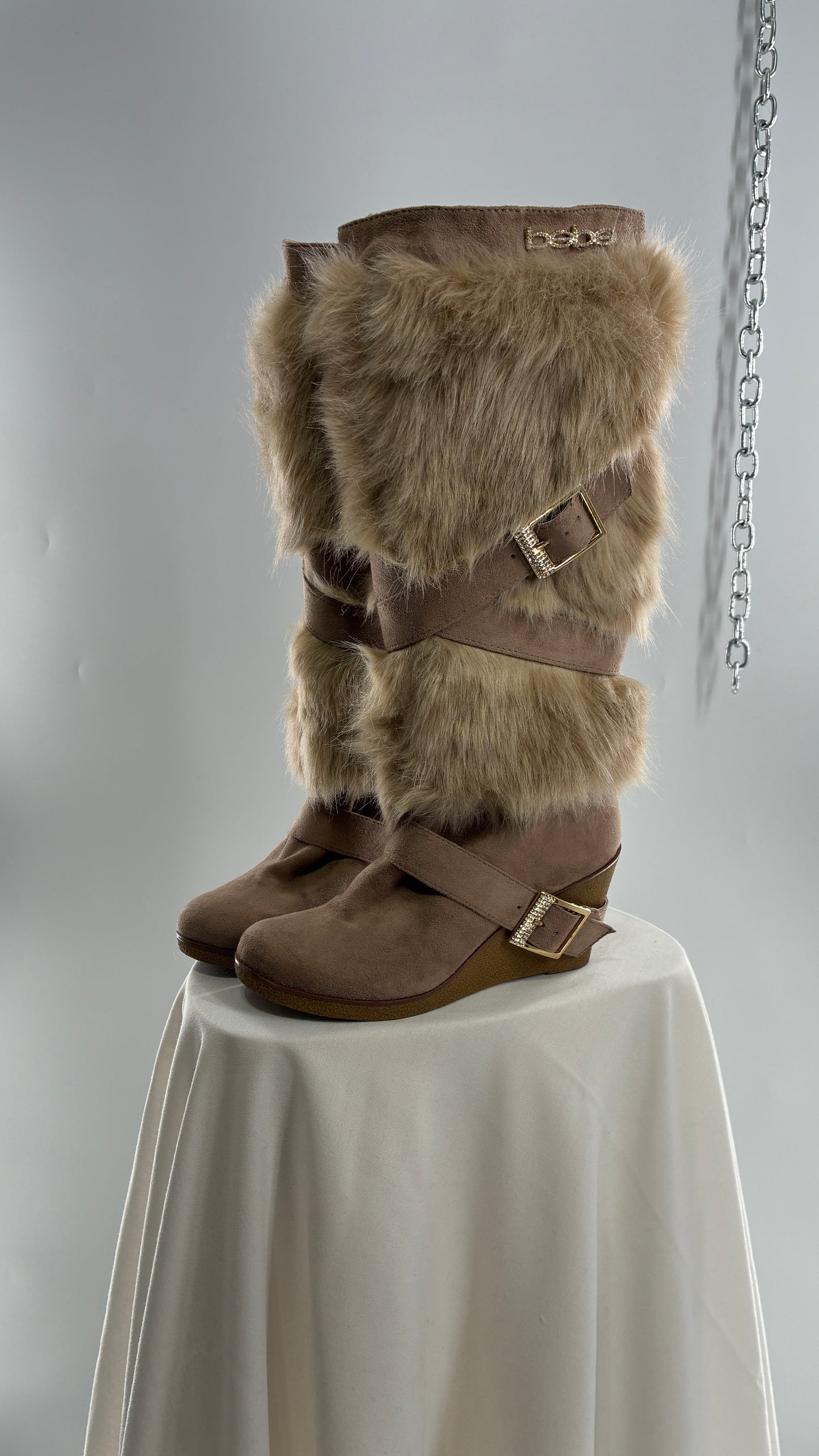Vintage BEBE Wedge Heel Knee High Vegan Fur, Strappy Boots (6)