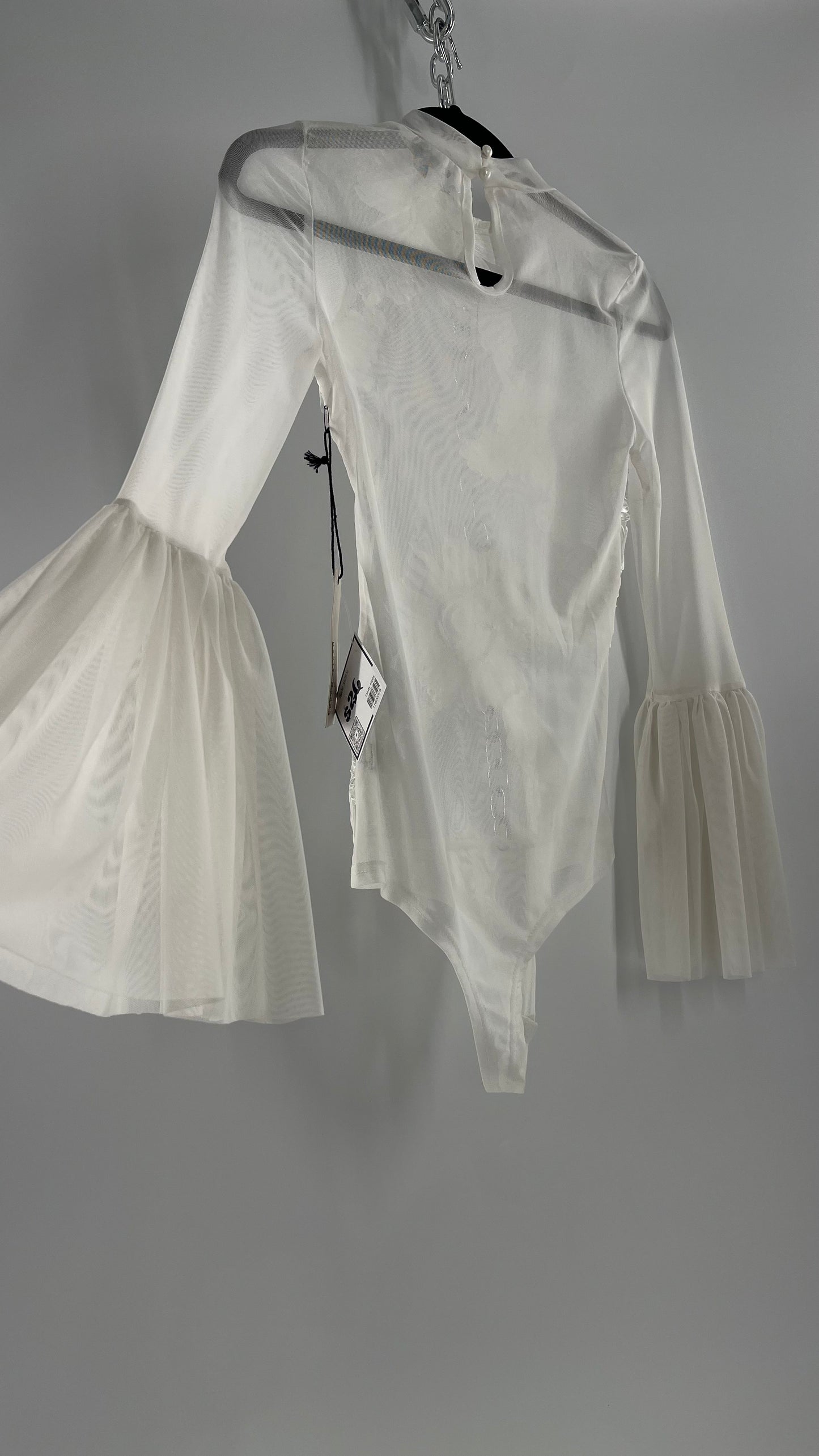 Haute Monde White Mesh Bodysuit with Ribbon Embroidery, Bell Sleeves and Tags (Small)