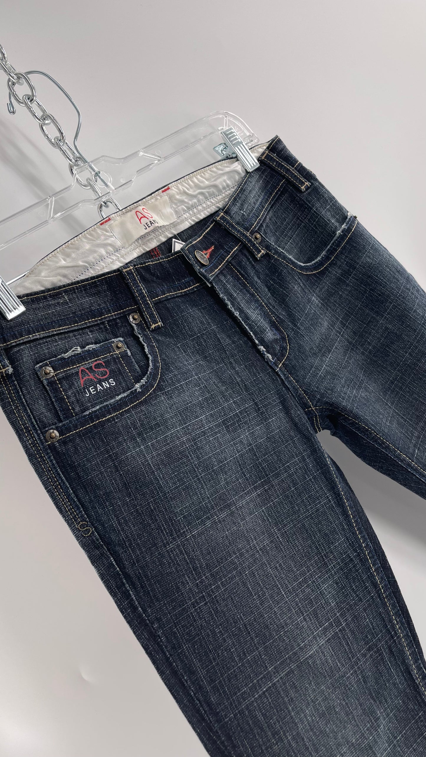 Vintage Smart AS JEANS Dark Wash with Grain and Embroidered/Embellished Kiss Rock Logo (28)