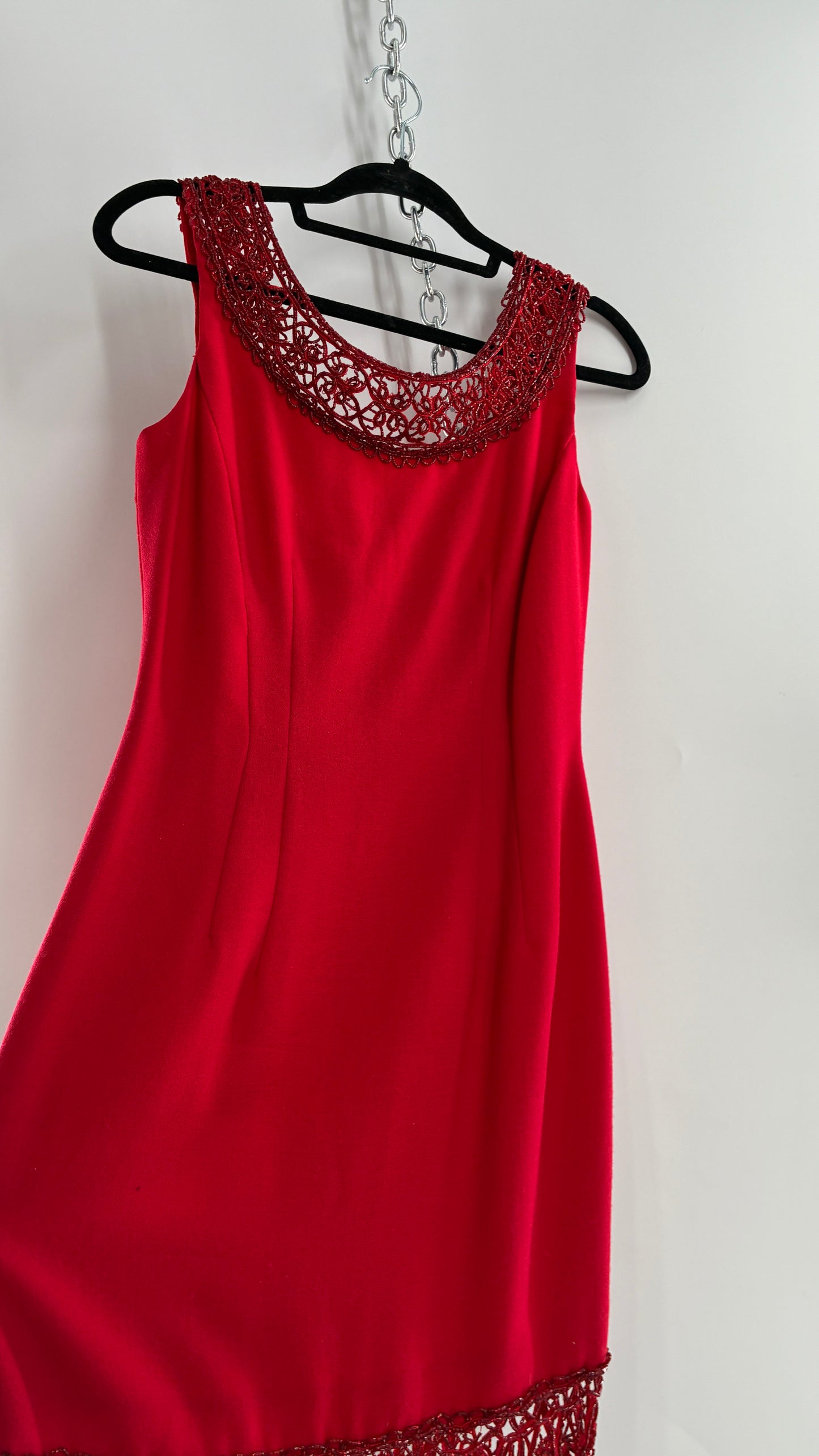 Vintage CARMEN MARC VALVO Red 100% Fitted, Tailored Wool Dress with Beaded Hem and Neckline (6)