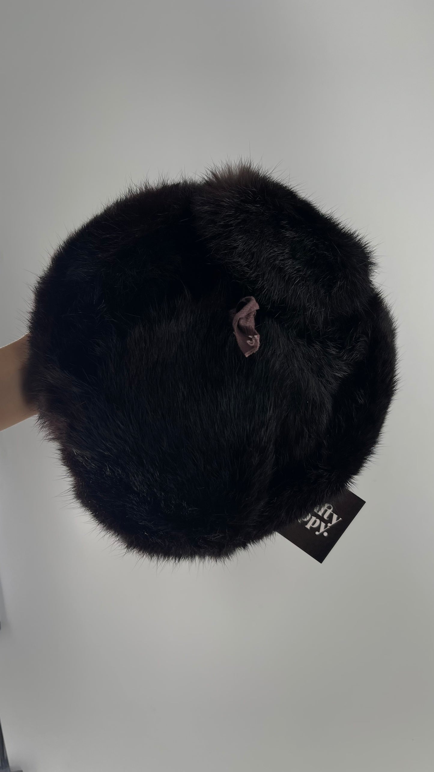 Vintage Russian Black Genuine Rabbit Fur Roller Hat with Pull Down Ear Muff Flaps