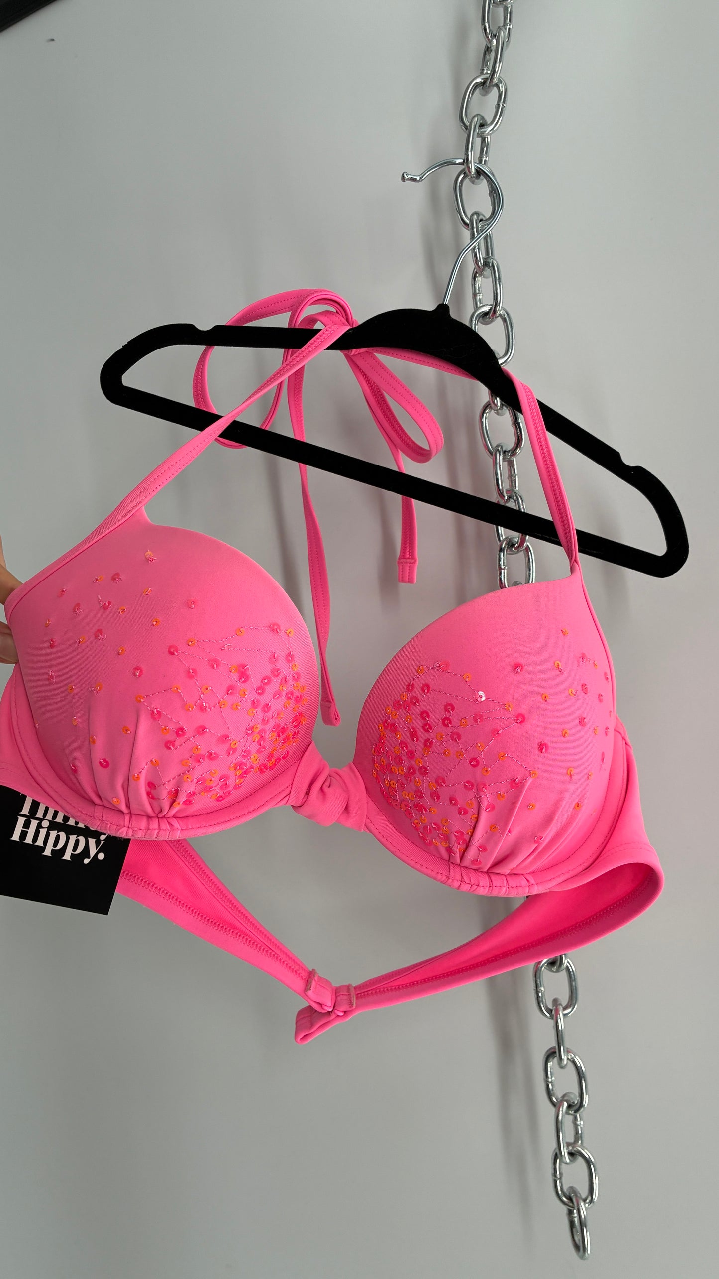 AERIE Pink Underwire Halter Bikini Top with Sequin Details (36B)