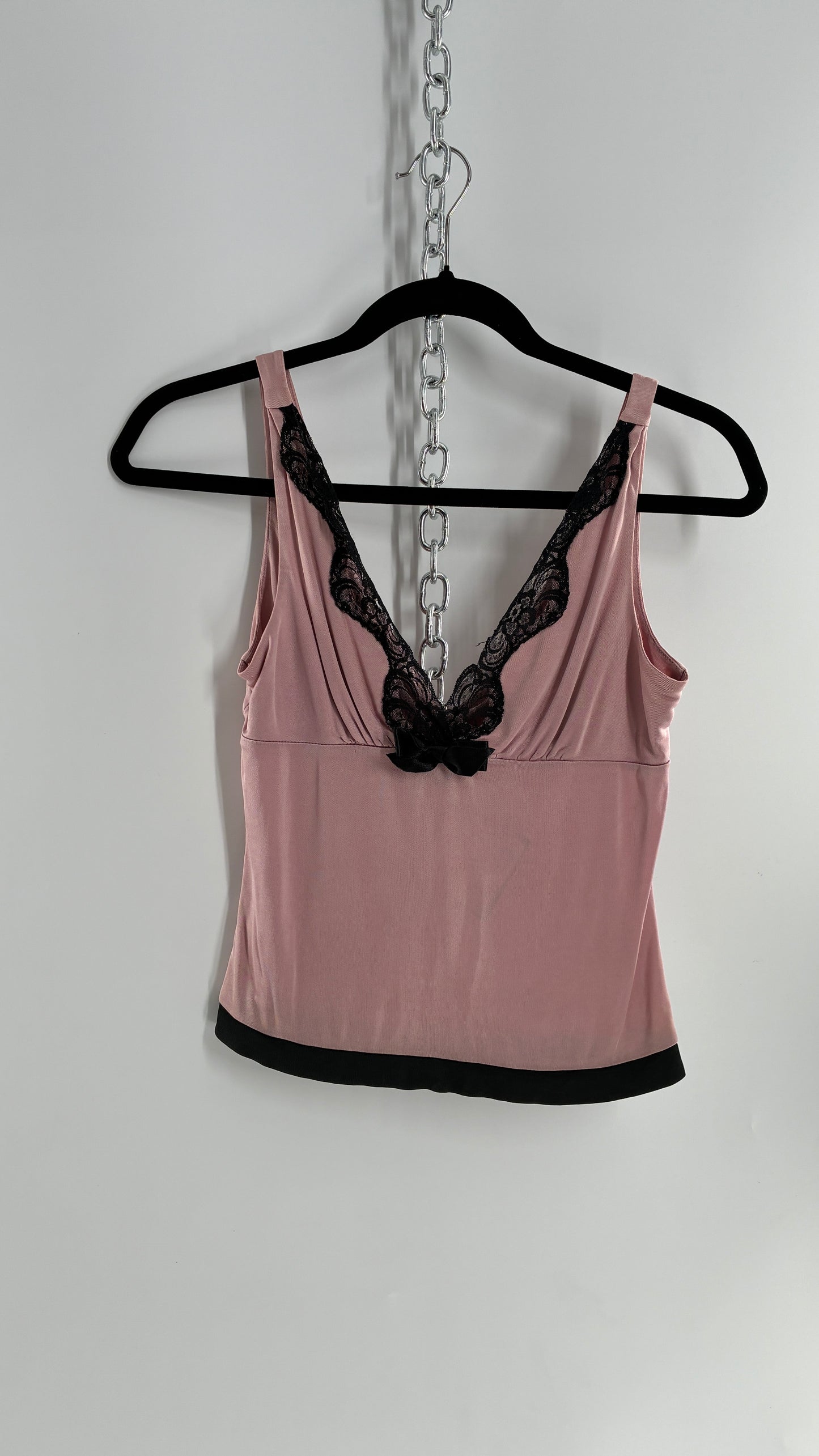 Vintage 1990s Express Dusty Pink Camisole with Black Lace Details and Bow Bust (XS)