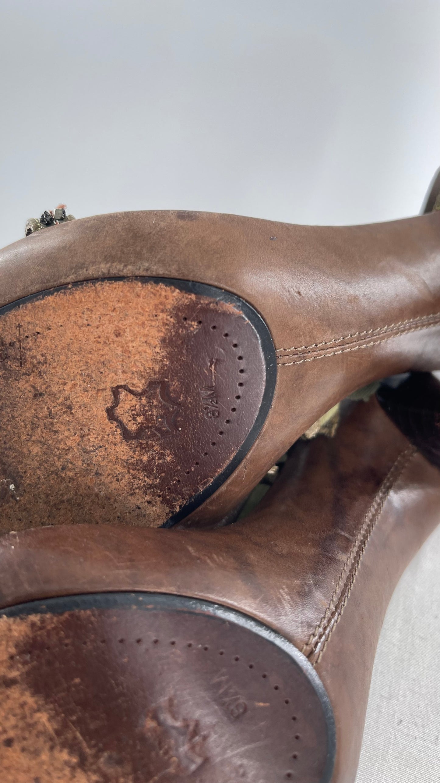 Vintage 1990s Italian Studio Designer Heel Forest Nymph, Mixed Texture Rosette Detailing with Leather Straps and Sole (8.5)