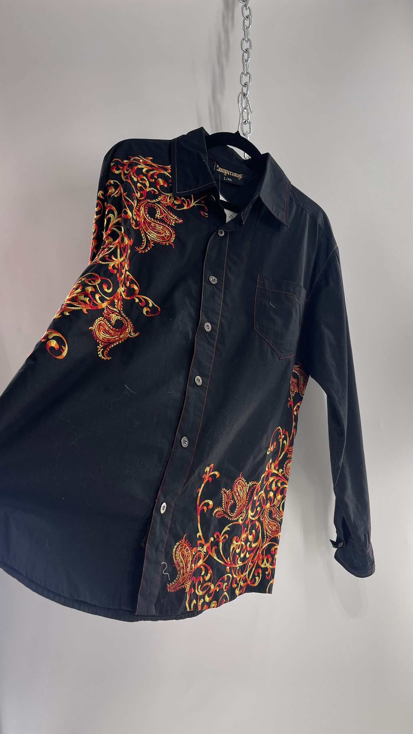 Vintage IMPERIOUS Men’s Black Button Up with Heavy Red/Orange Embroidery (L/XL)