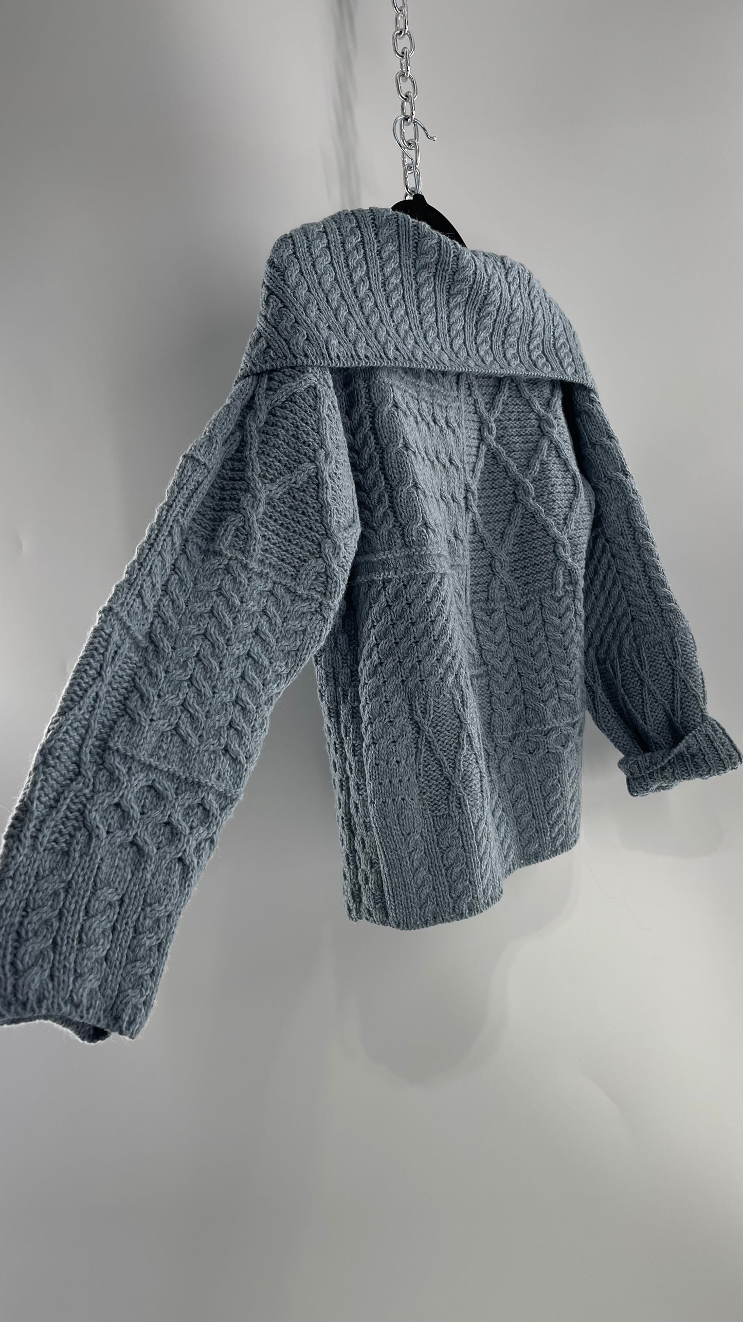Authentic Irish Aran Sweater Market Slate Blue Aran Stitch Sweater with Oversized Wooden Button Detail and Certificate of Authenticity (Small)