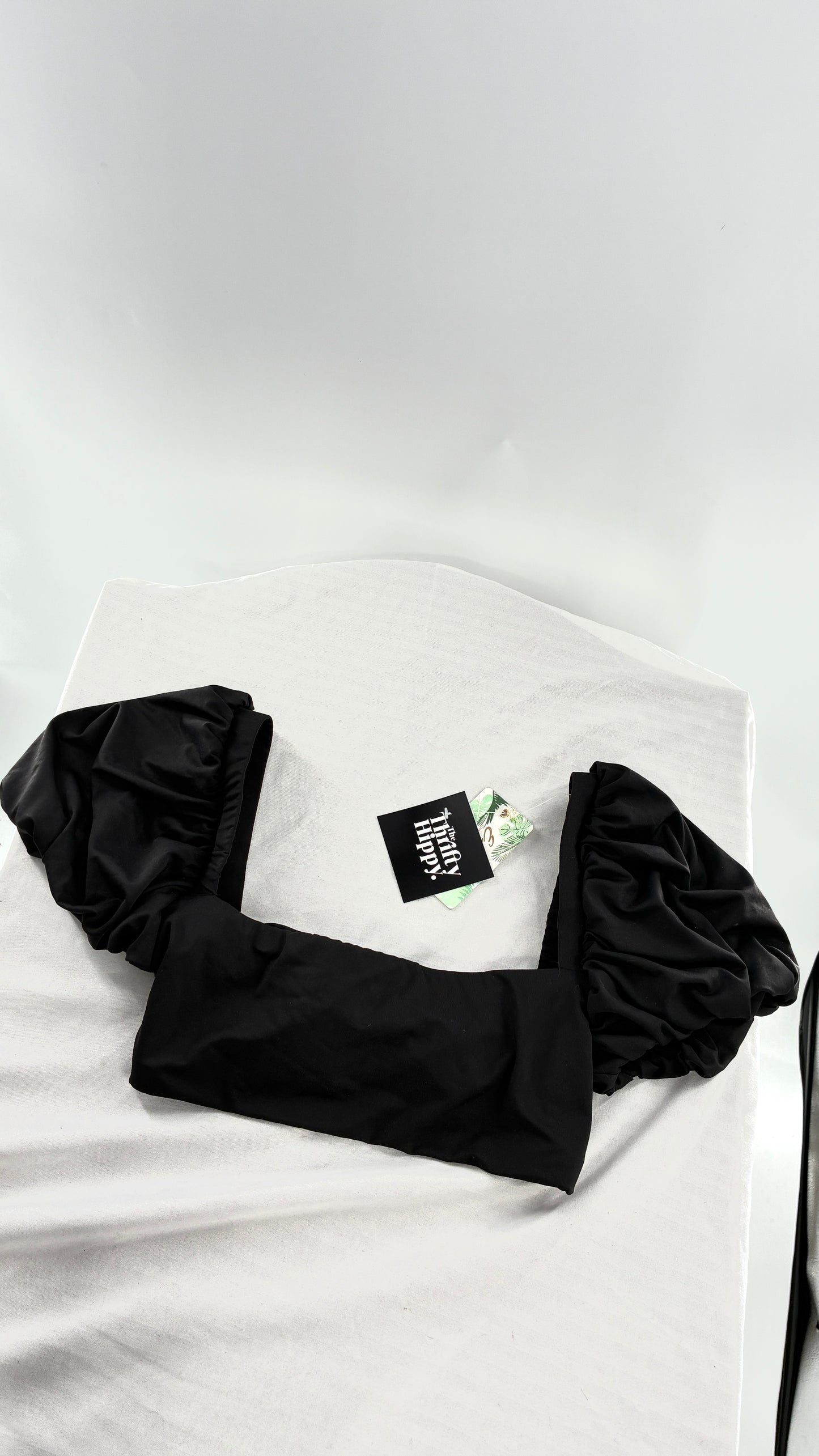 ENVYA Puff Sleeve Cropped Swim Top with Tie Back Detail