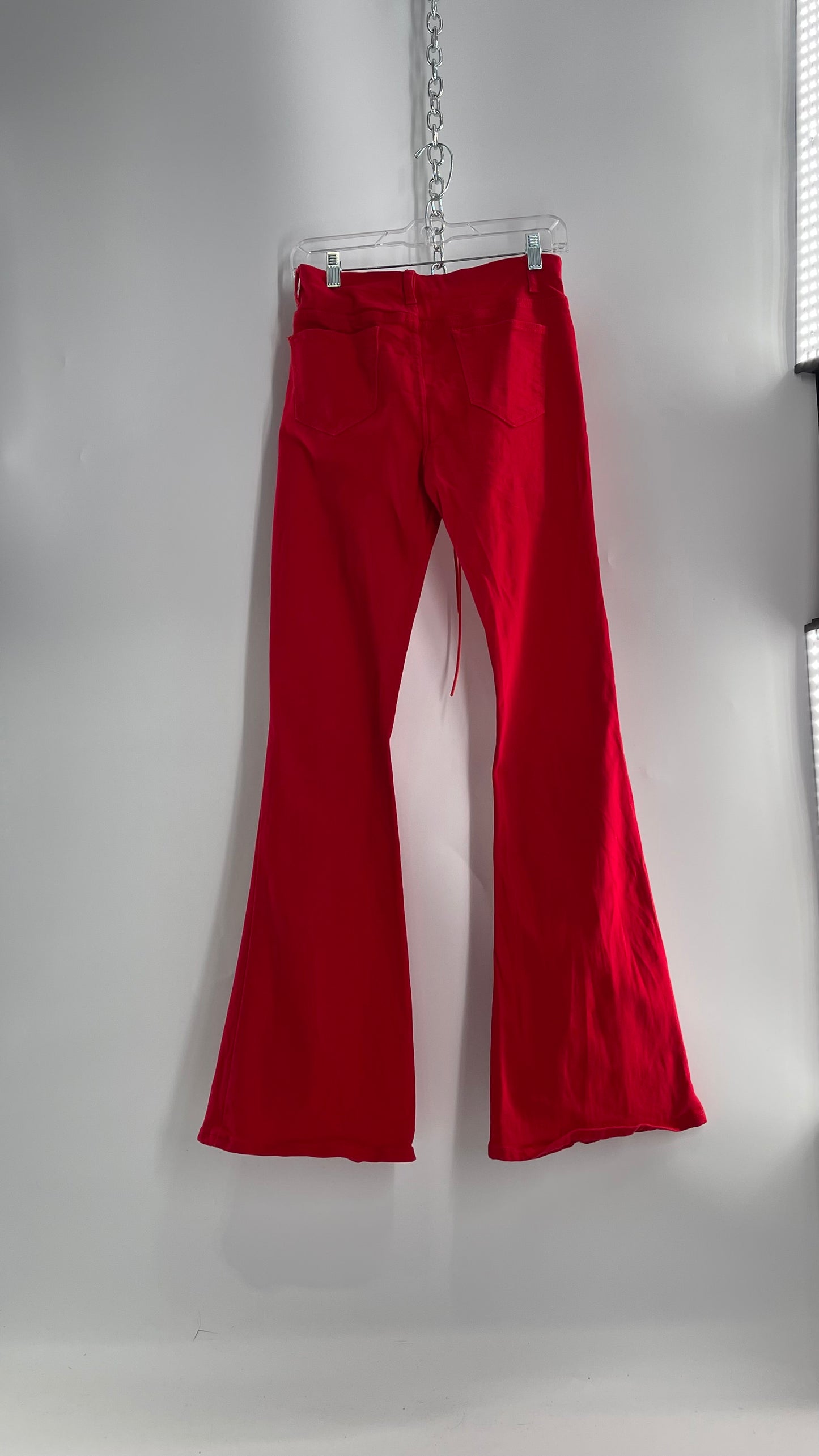 Edikted Rockstar Red Kick Flare Bell Bottoms with Lace Up Thigh and Waistline Detail (Large)