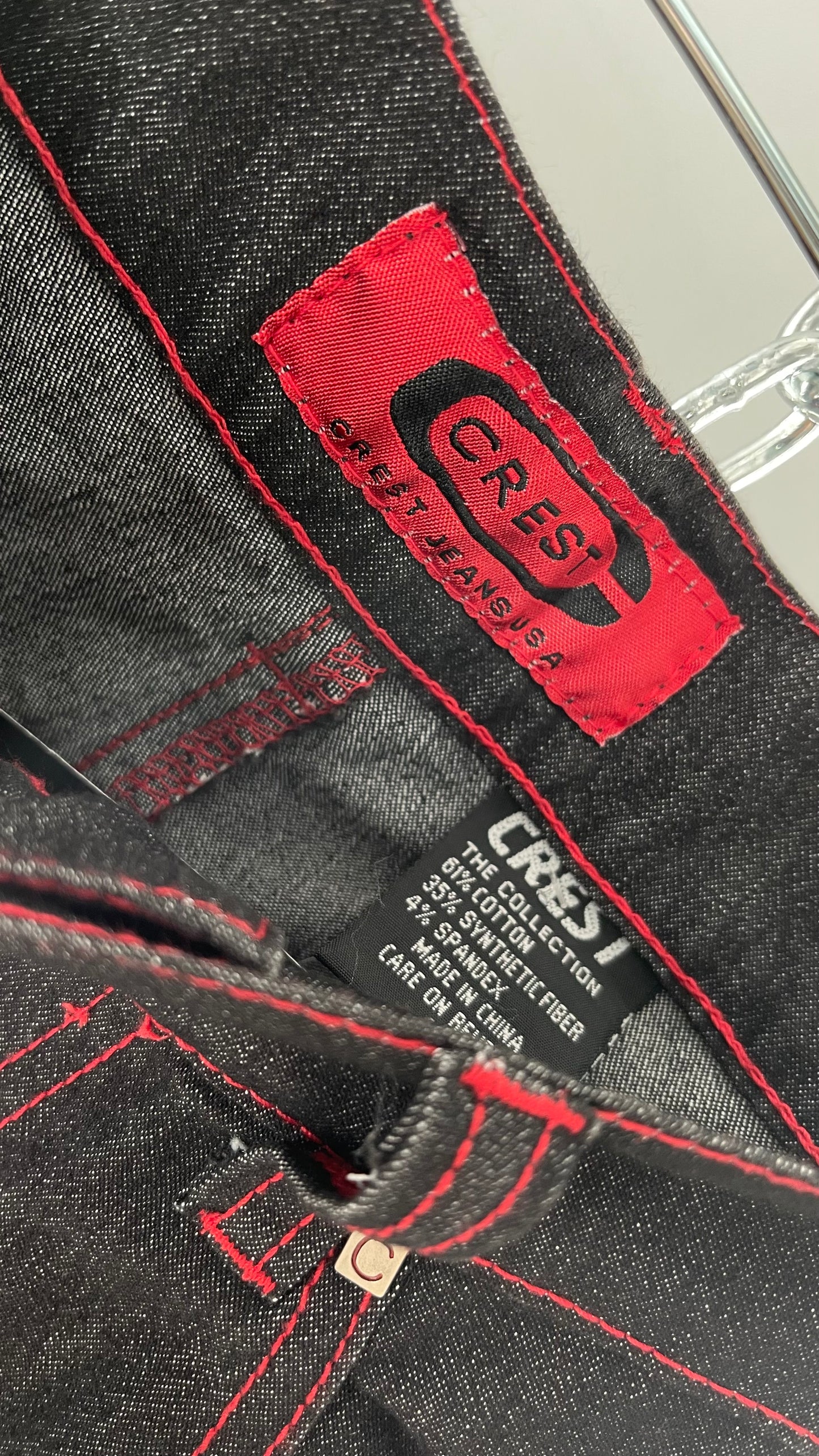 Rare Vintage Black Crest Jeans with Red Contrast Stitching and Butterfly Embroidery on Thigh and Back Pockets (14)