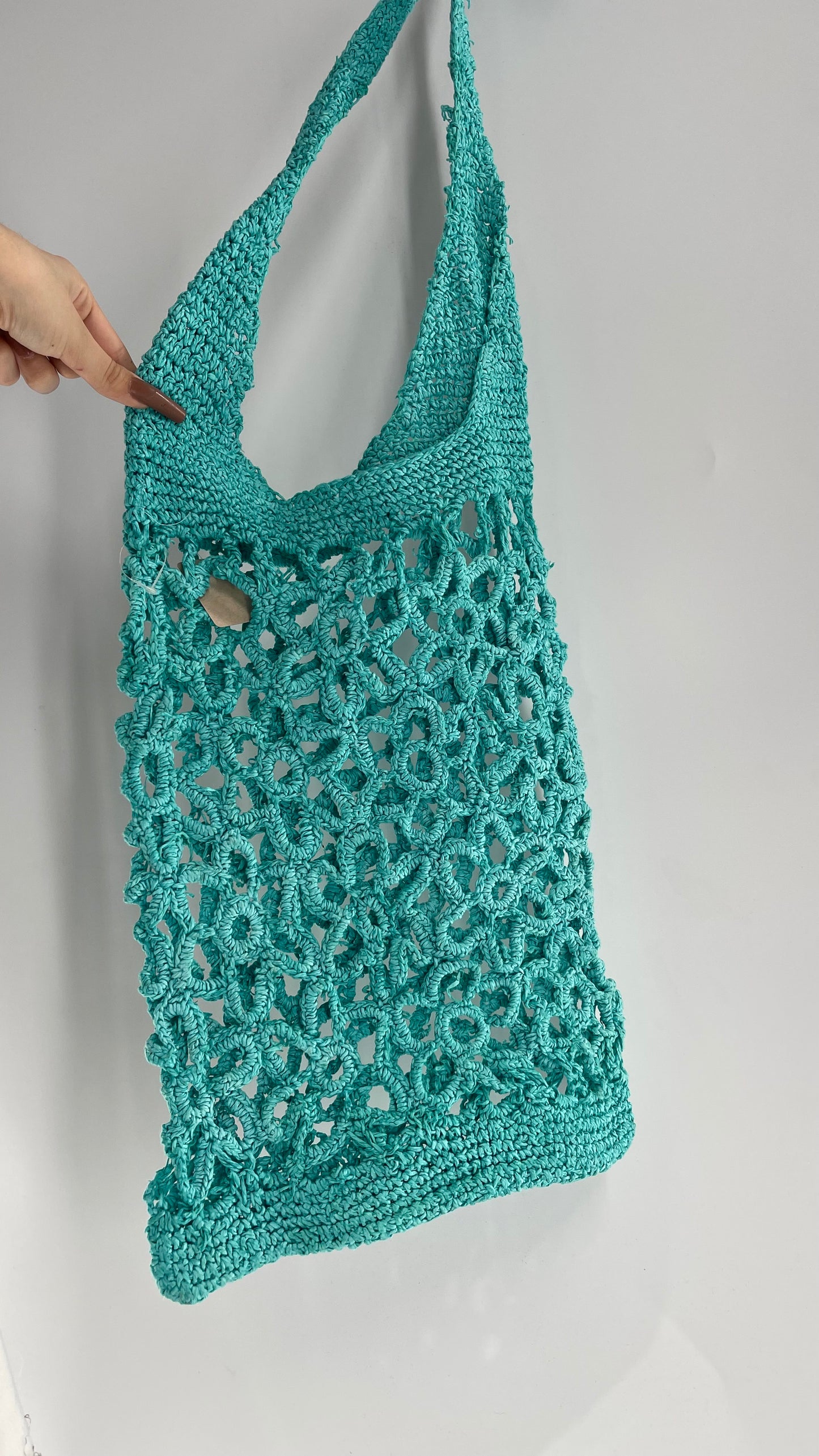 Turquoise Blue Straw Flower Tote Bag