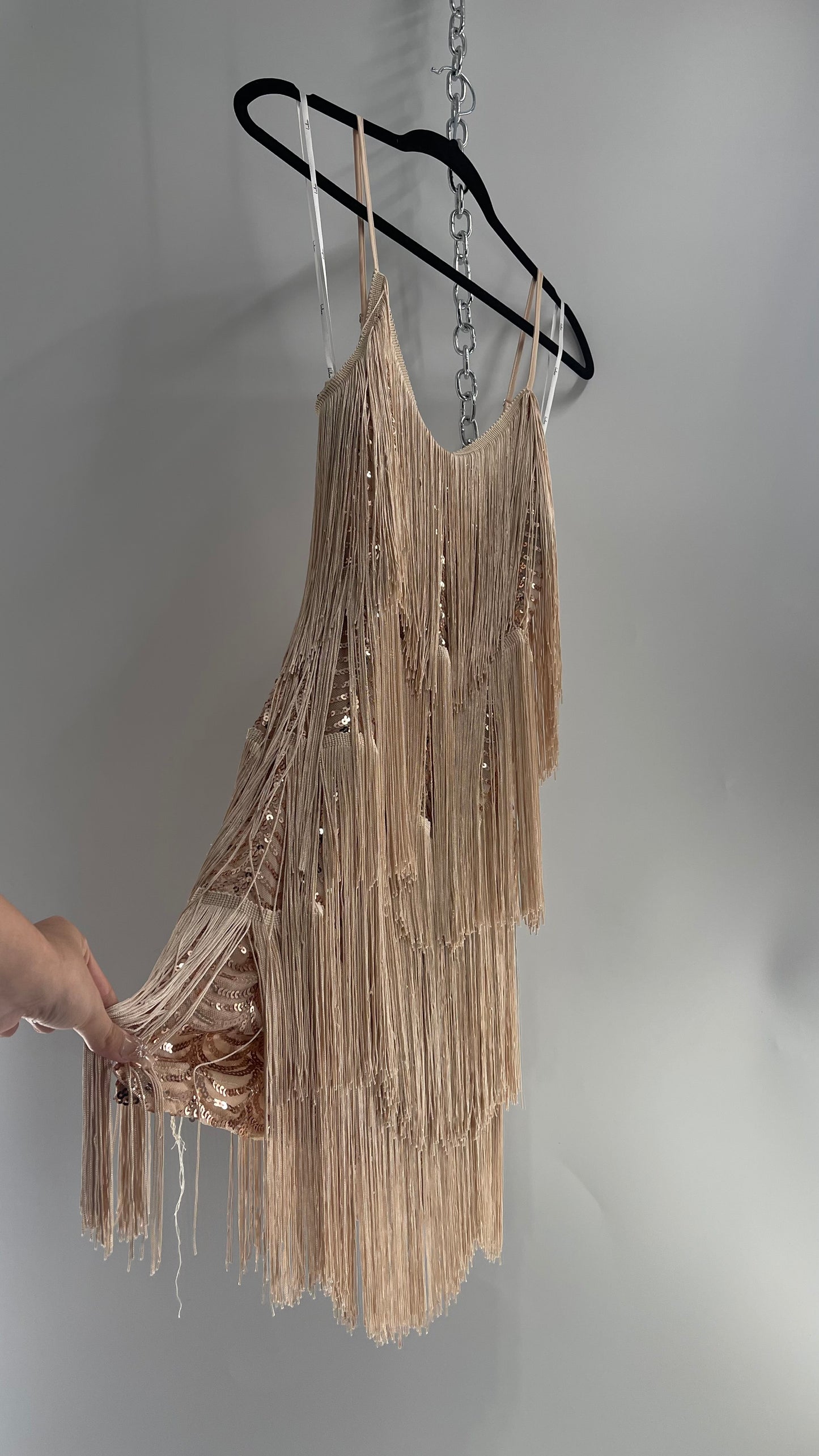 Lulu’s Get in the Groove Fringe Tassel Champagne Mini Dress with Sequin Lining with Tags Attached (Small)
