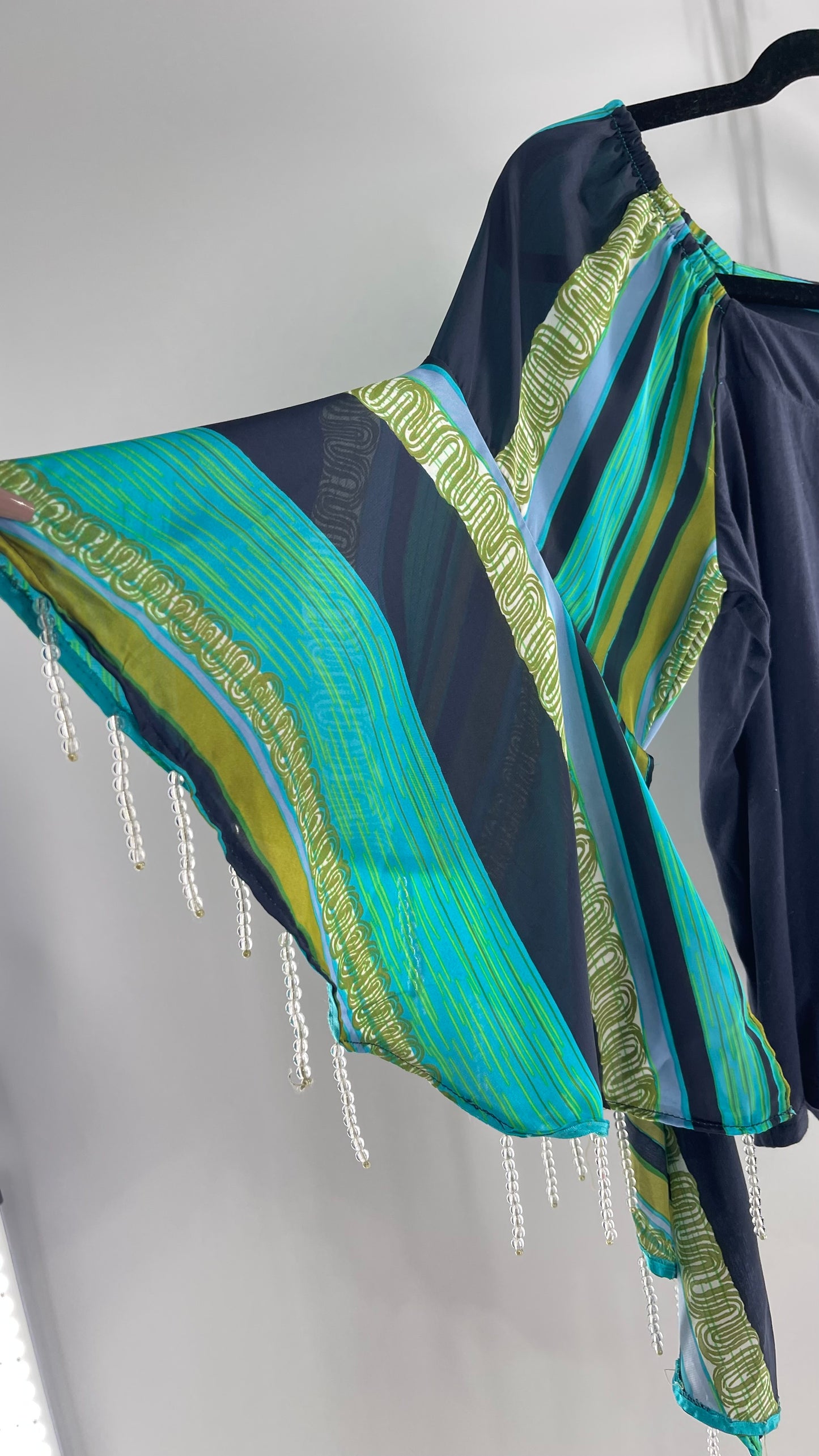 TINY Anthropologie Silky Scarf Sleeve Blouse with Beaded Hem (Small)