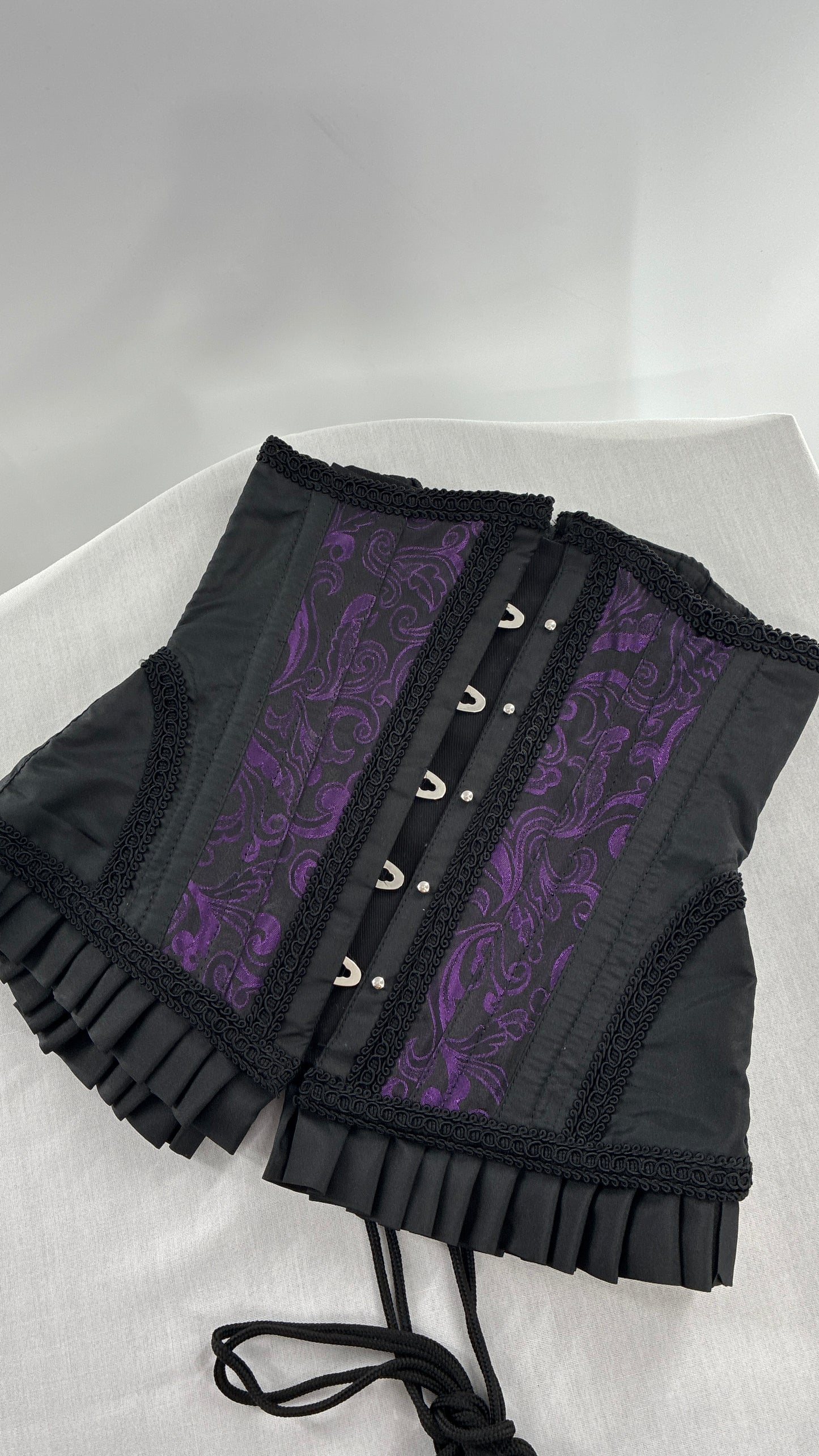 Vintage Black and Purple Brocade Corset with Pleated, Ruffled Hem (Sz 22)