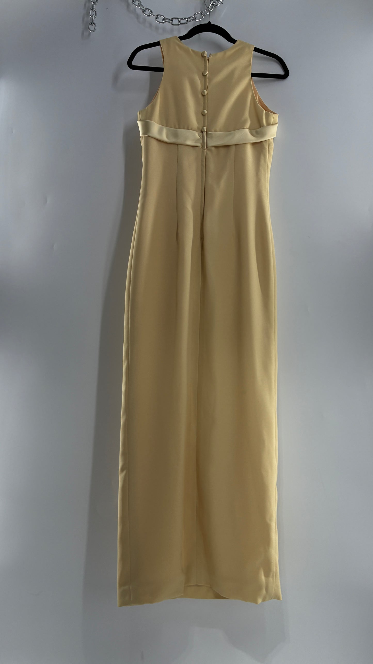 Vintage ALYCE’S Baby Yellow High Neck Satin Bow Bust, Side Slit, Button Back Gown (Measured)