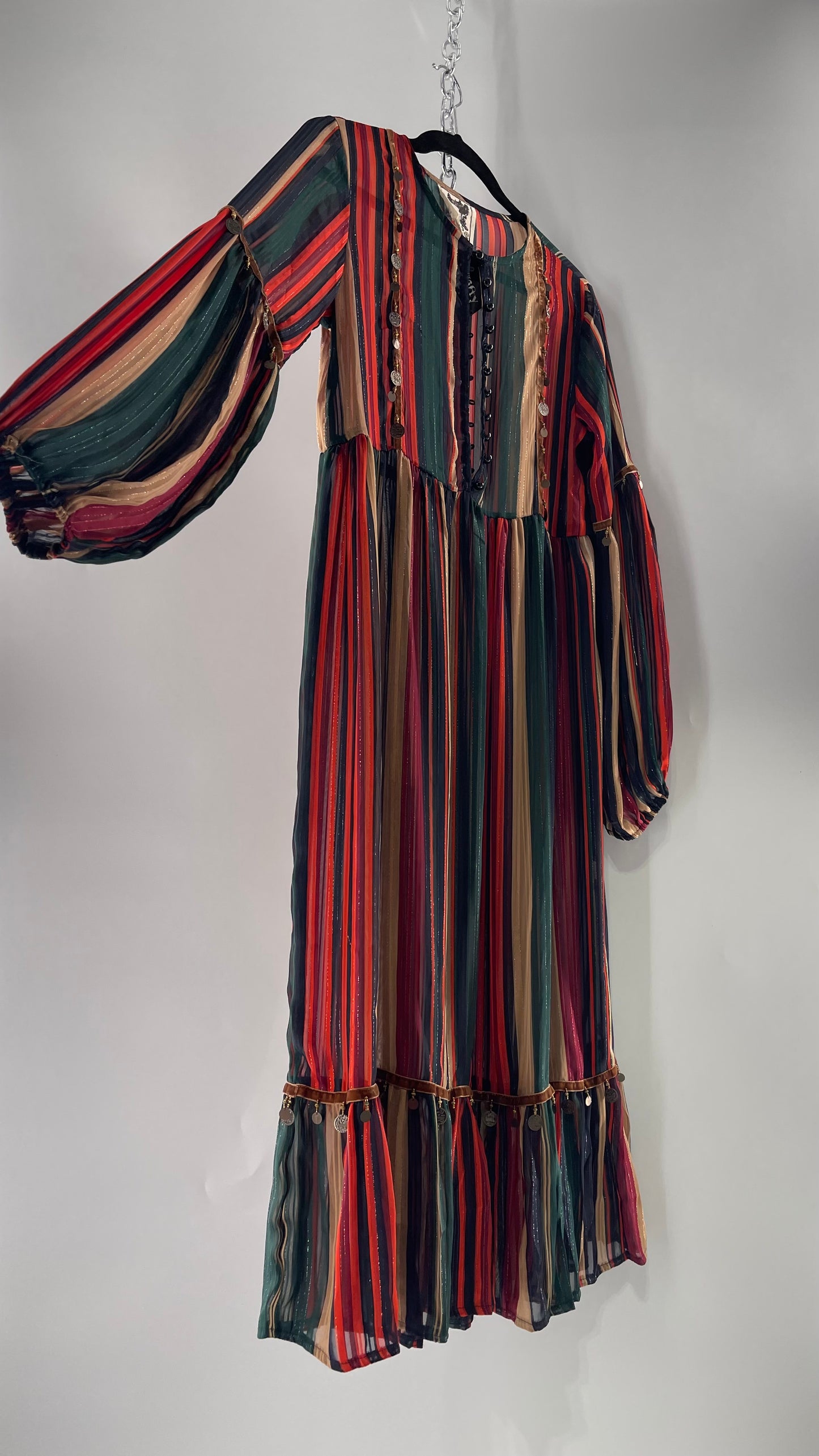 JAASE Striped MIDI Dress with Ruffled Hem, Coin Detailing, Dramatic Button Front Dress (XS)