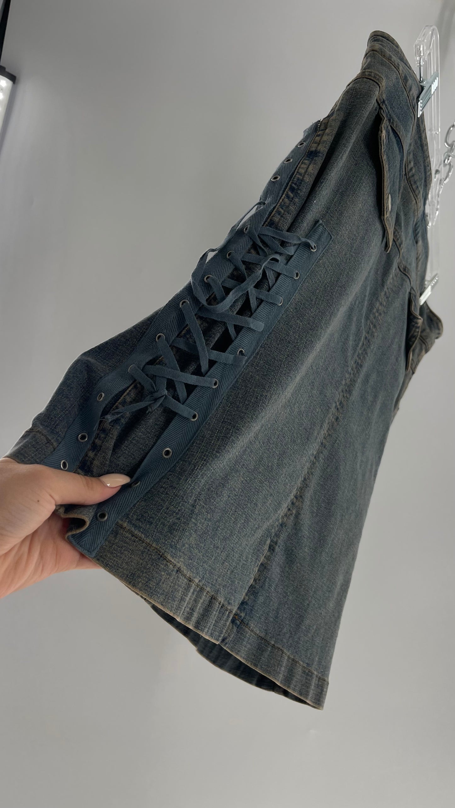Vintage More Feminine w/o Limits Denim Skirt with Grommet Lace Up Sides and Fade (42)