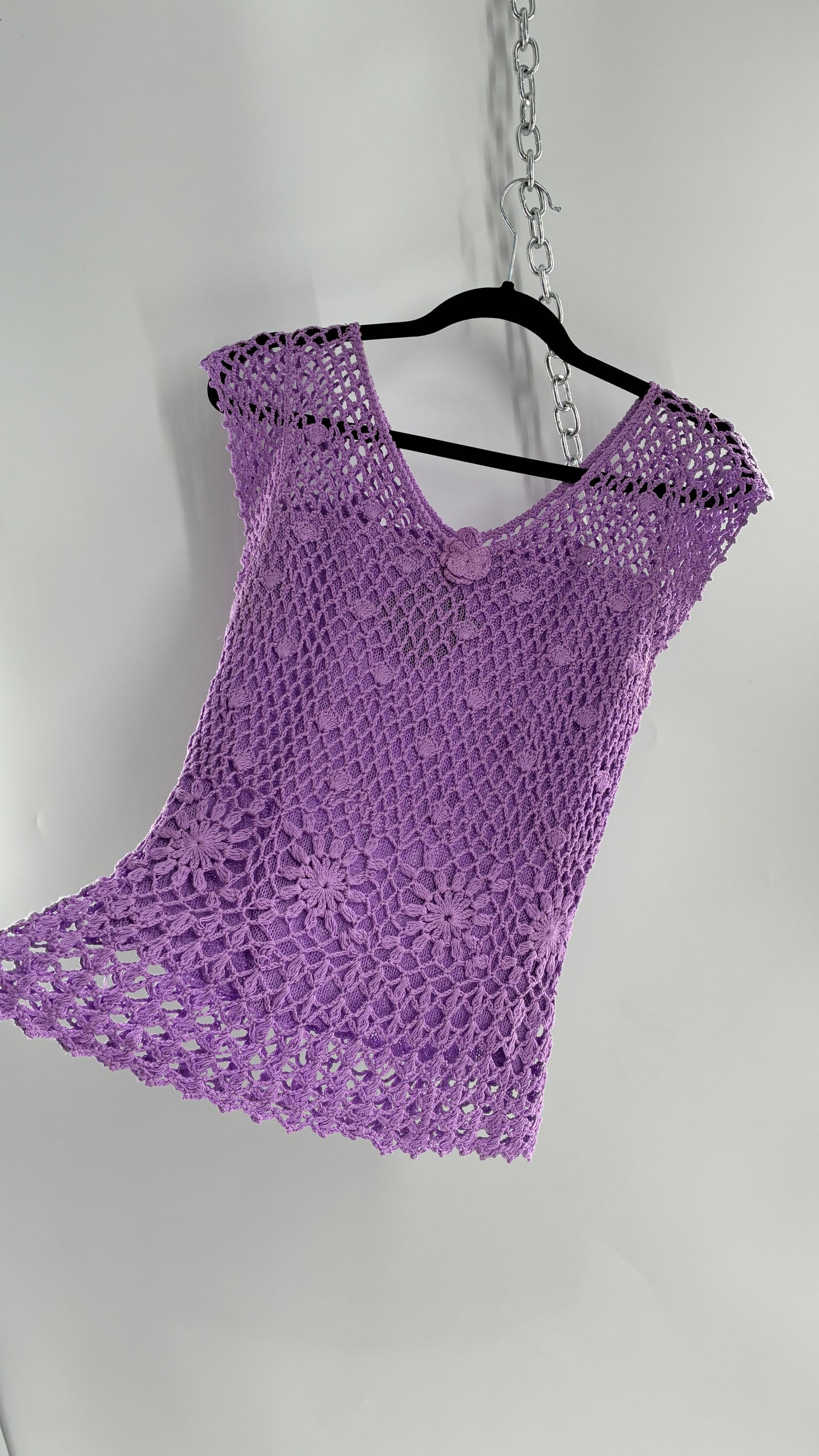 Vintage Lilac/Lavender Handmade Crochet Short Sleeve Double Layered Blouse with Rosette (S/M, stretchy)