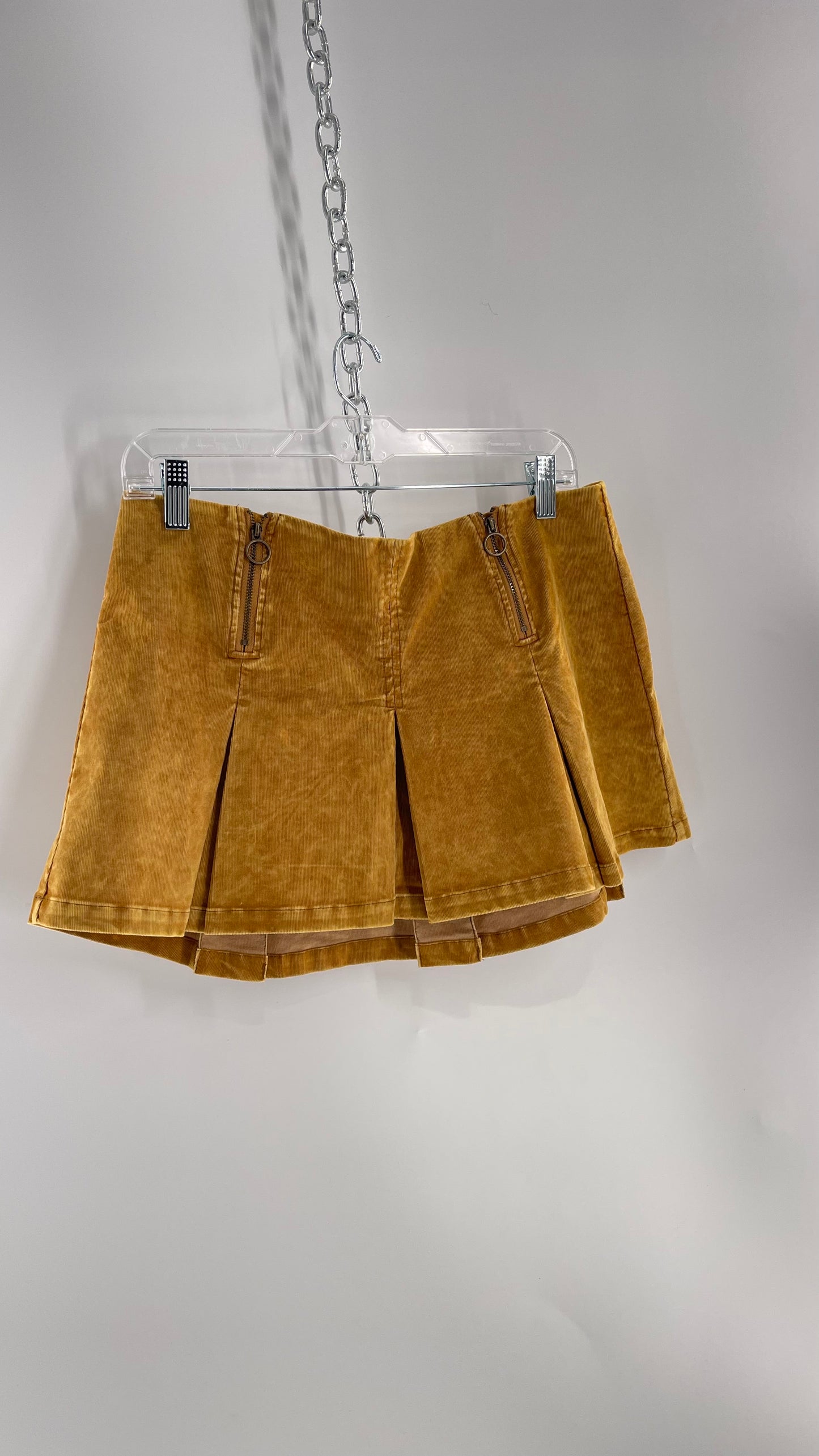 Urban Outfitters Mustard Corduroy Pleated Micro Mini Skirt with Brass Hip Zippers (Medium)