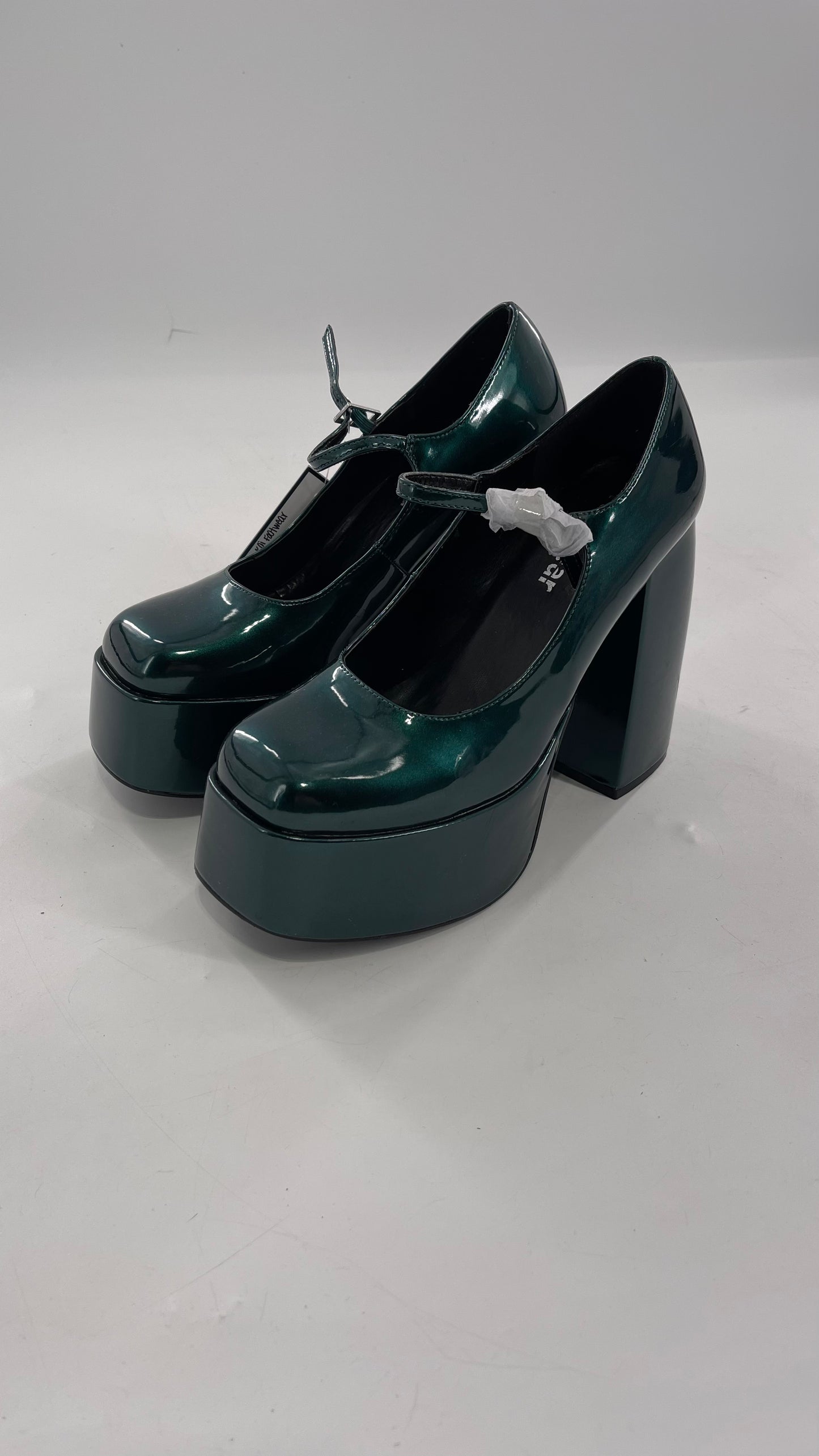 KOI FOOTWEAR Patent Emerald Green Platform Chunky Heel Mary Janes (9/39)