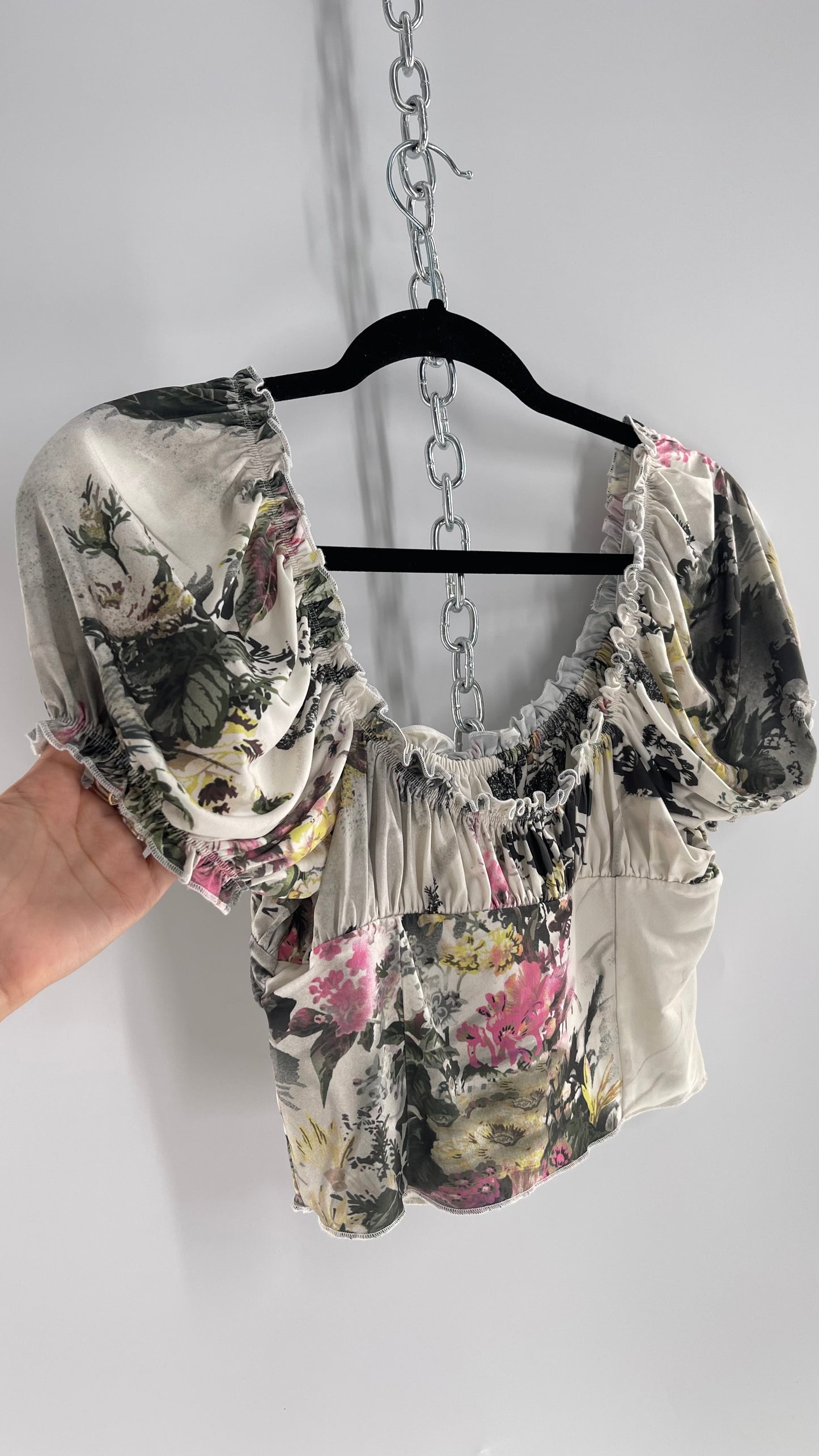 Urban Outfitters Slinky Vintage Inspired Graphic Florals and Milkmaid Style Top (Large)