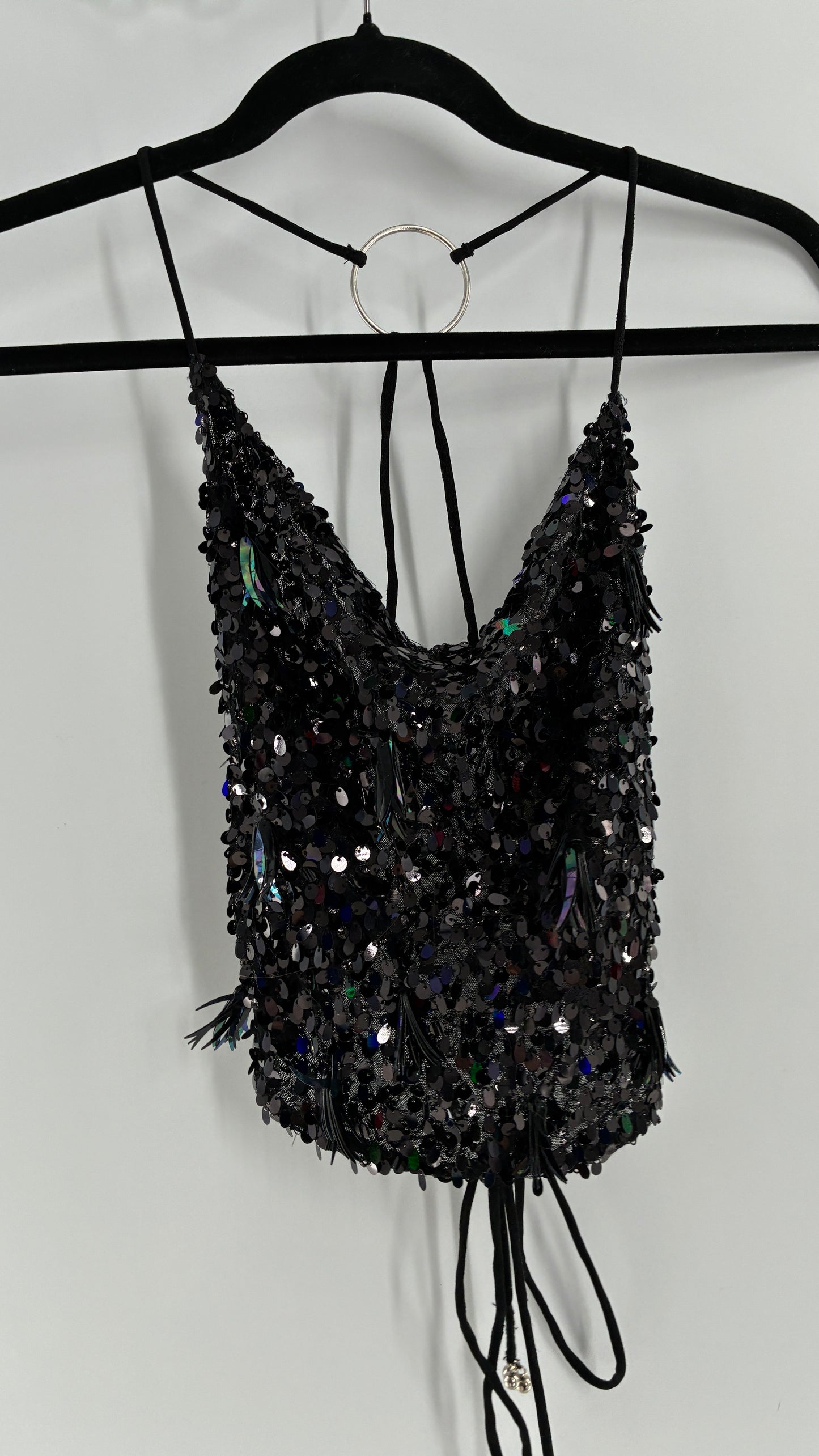 Free People Black Open, Tie Up Back Camisole Covered in Sequins with Silver Hoop Details (XS)