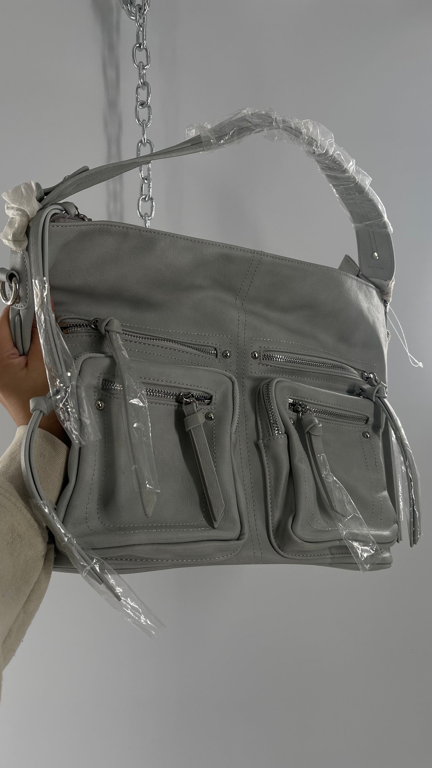 Free People Grey Leather Bag with Heavy Silver Metal Detailing, Pockets and Extra Strap