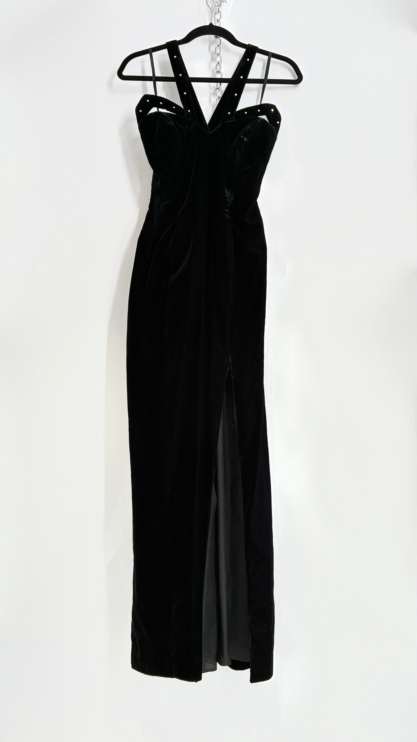 Vintage Handmade Velvet Gown with Pointed Bust Lined in Rhinestones and Dramatic Side Slit (S/M)