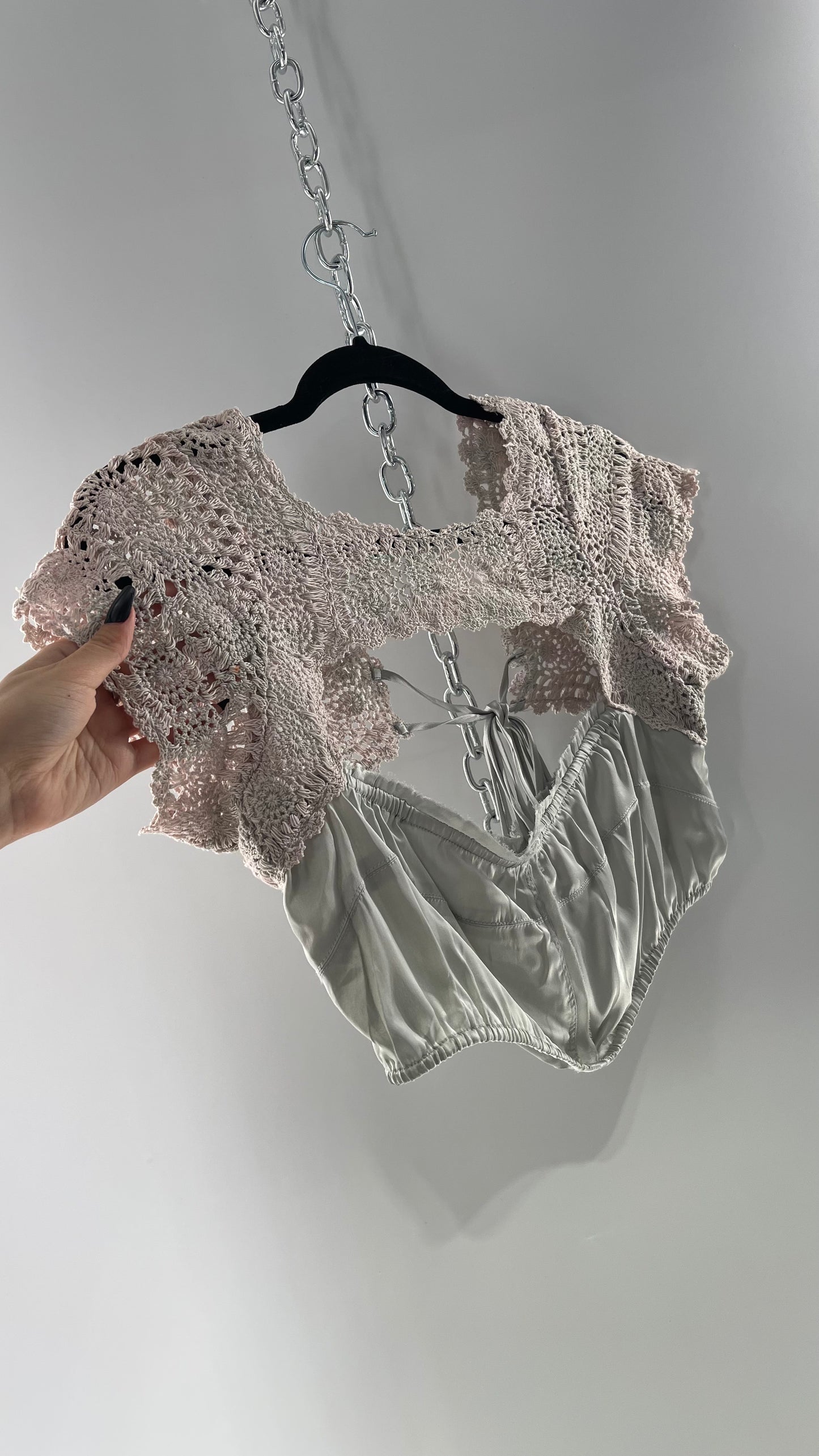 Intimately Free People Silver Satin Cropped Bustier with Crochet Shrug High Neckline (Large)