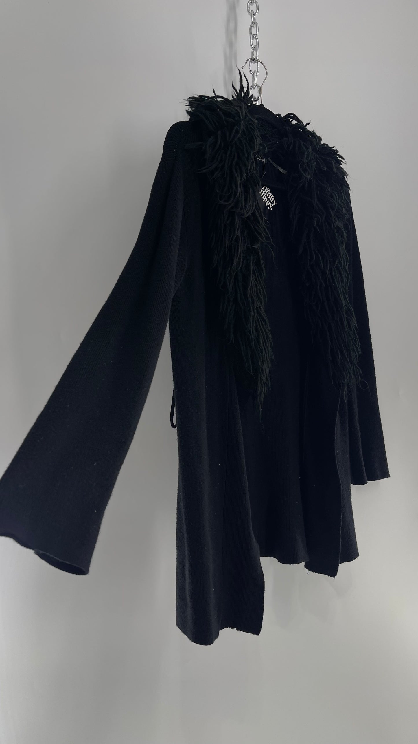 Dolce Cabo Vintage Worn Used Black Knit Cardigan with Exaggerated Shaggy Collar (Medium)