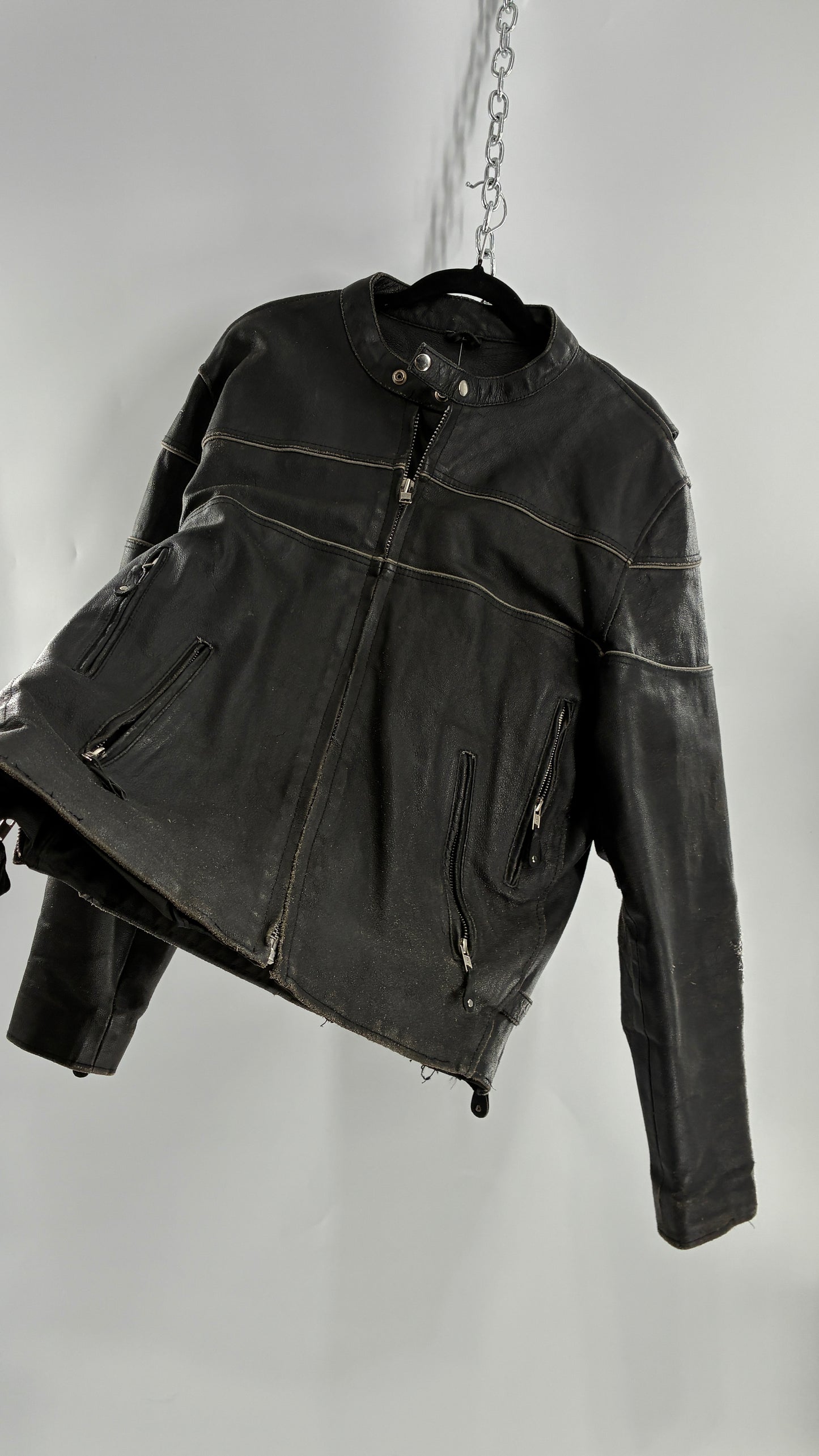 Vintage Distressed Genuine Leather Motorcycle Jacket with Zippered Pockets, Cuffs, and Sides (Large)