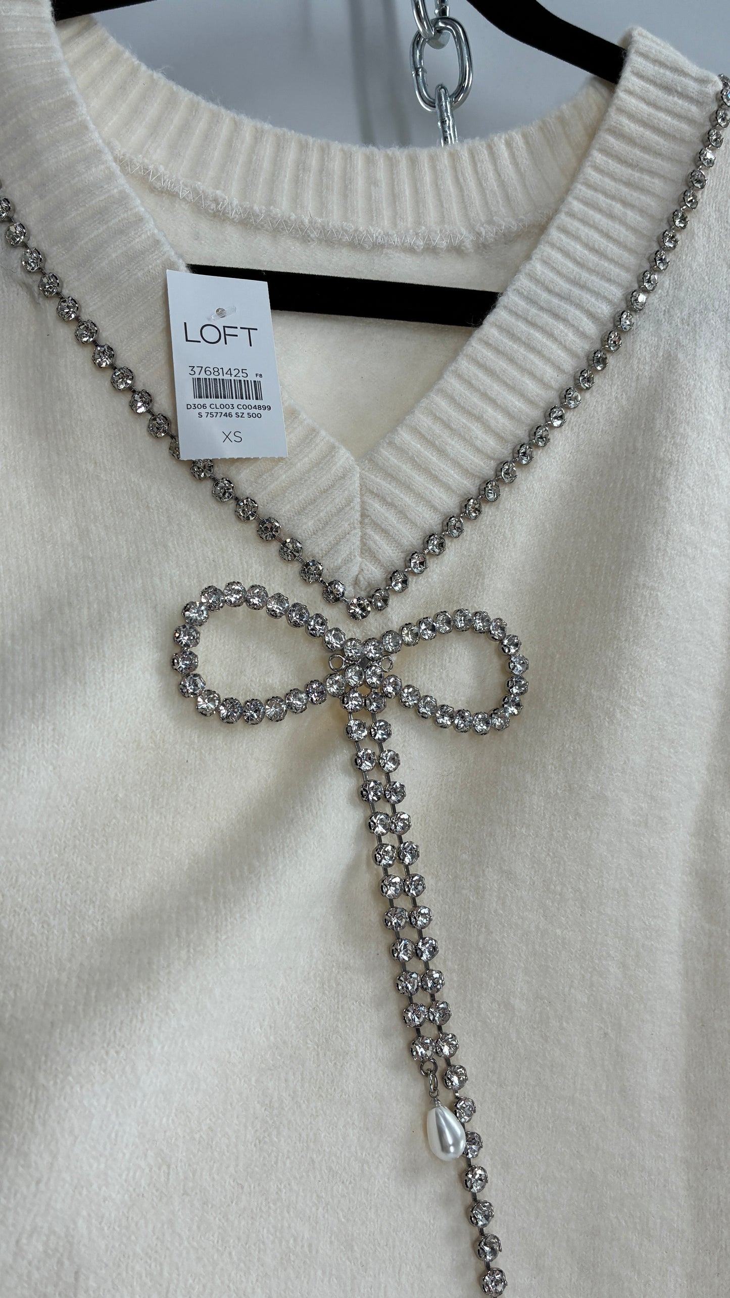 LOFT Cream Reversible Sweater with Rhinestone and Pearl Bow Detail + Tags Attached (XS)
