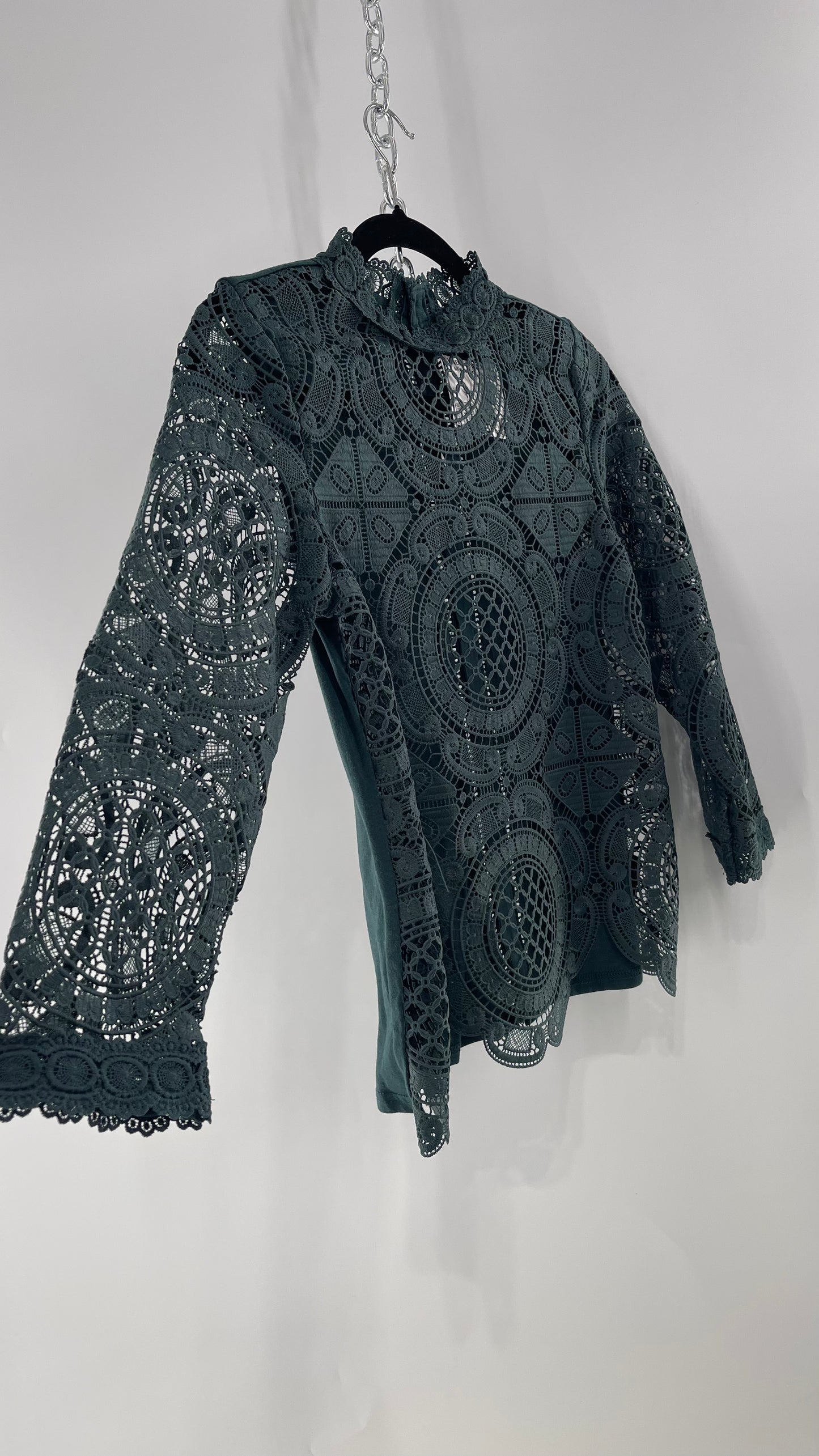 James Coviello New York Thick Lace Forest Green Blouse with Button Down Back (XS)