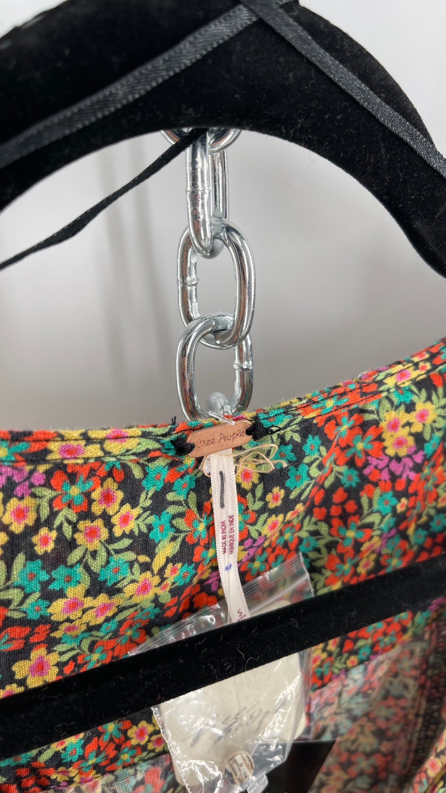 Free People 100% Cotton Colorful Florals Blouse with Deep V, Puff Sleeves, Button Front, and Tags Attached (Small)